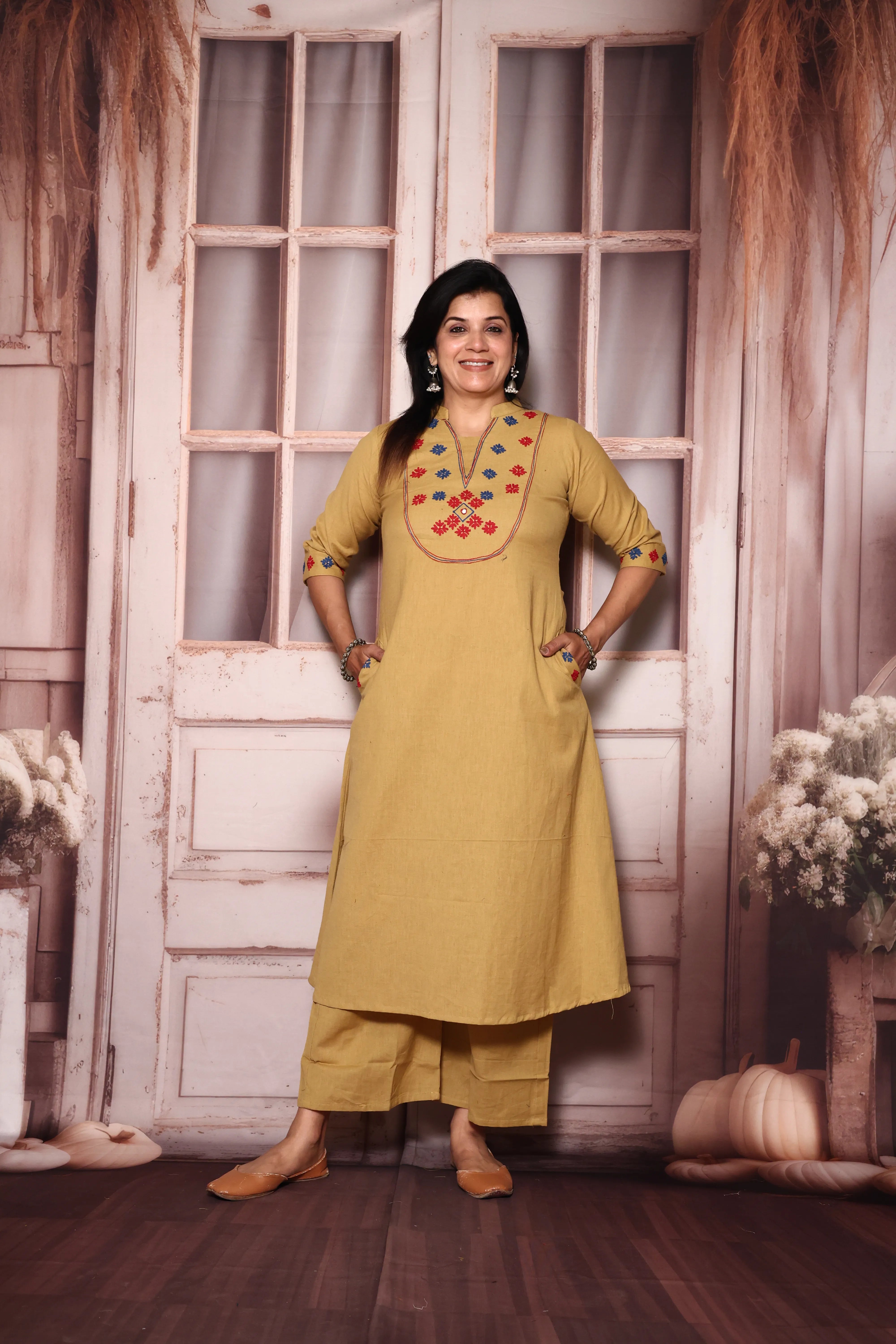 Dayroom Yellow Yoke Work Kurta Pant Set | Thread Embroidery | Cotton Ethnic Wear