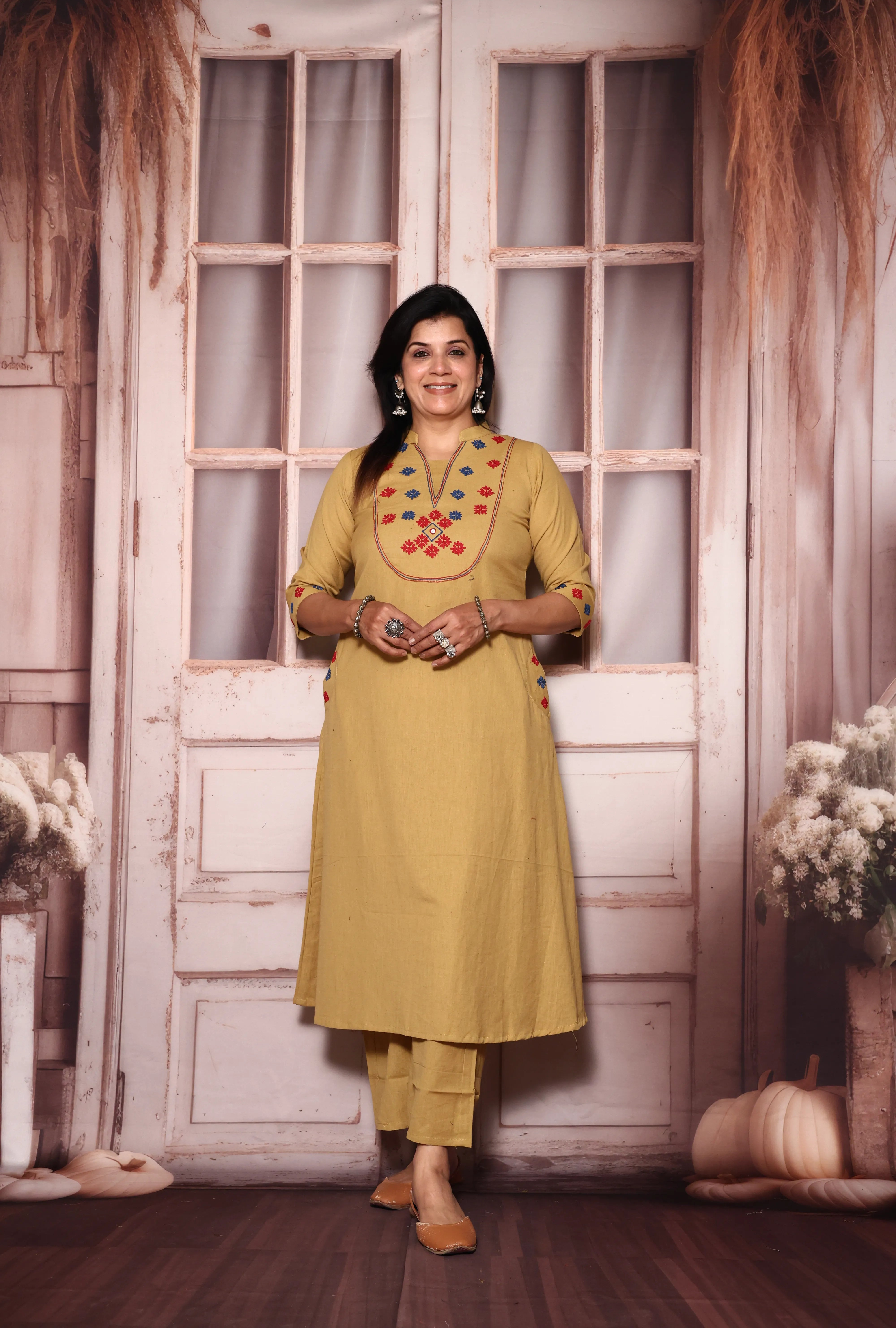 Dayroom Yellow Yoke Work Kurta Pant Set | Thread Embroidery | Cotton Ethnic Wear