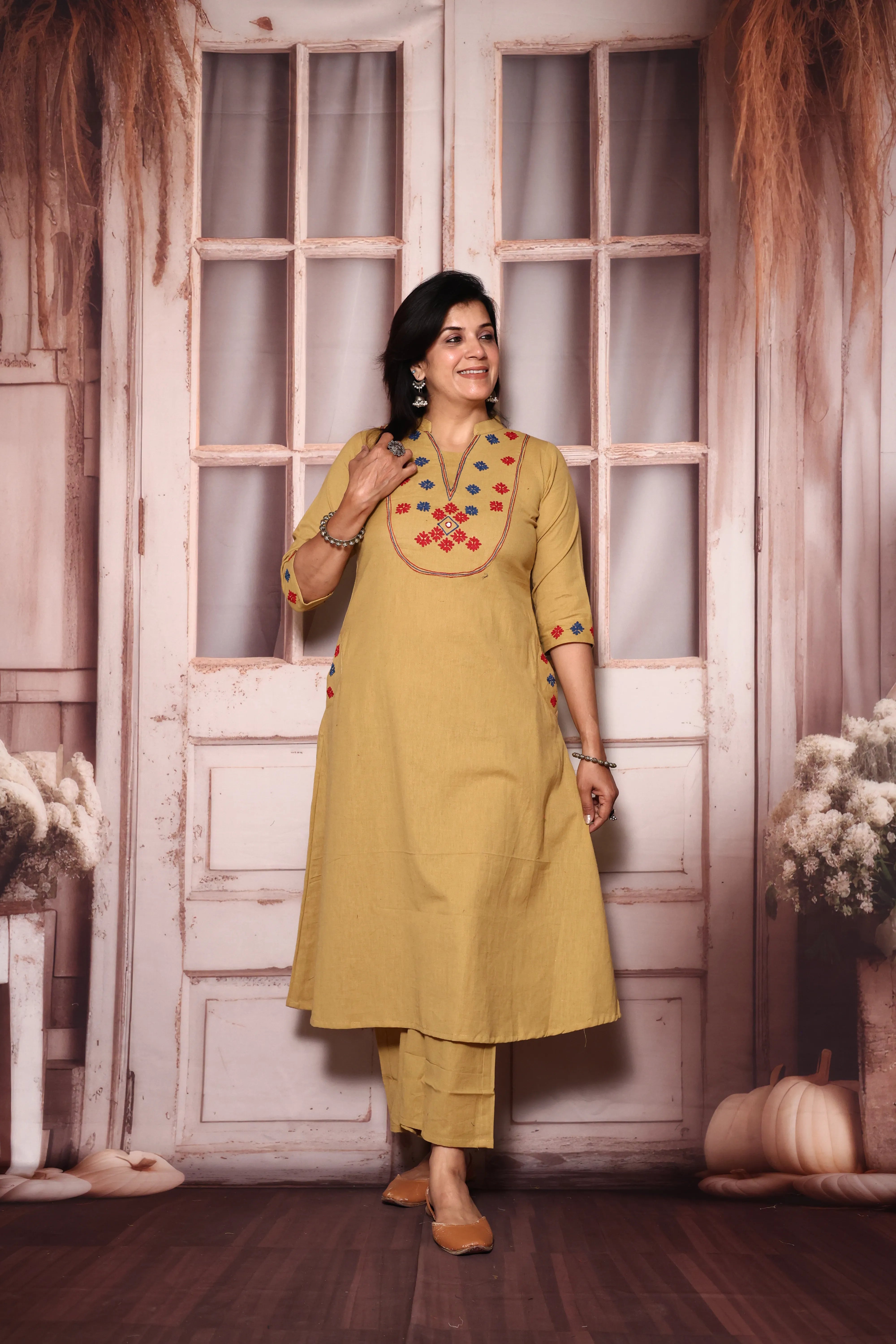 Dayroom Yellow Yoke Work Kurta Pant Set | Thread Embroidery | Cotton Ethnic Wear