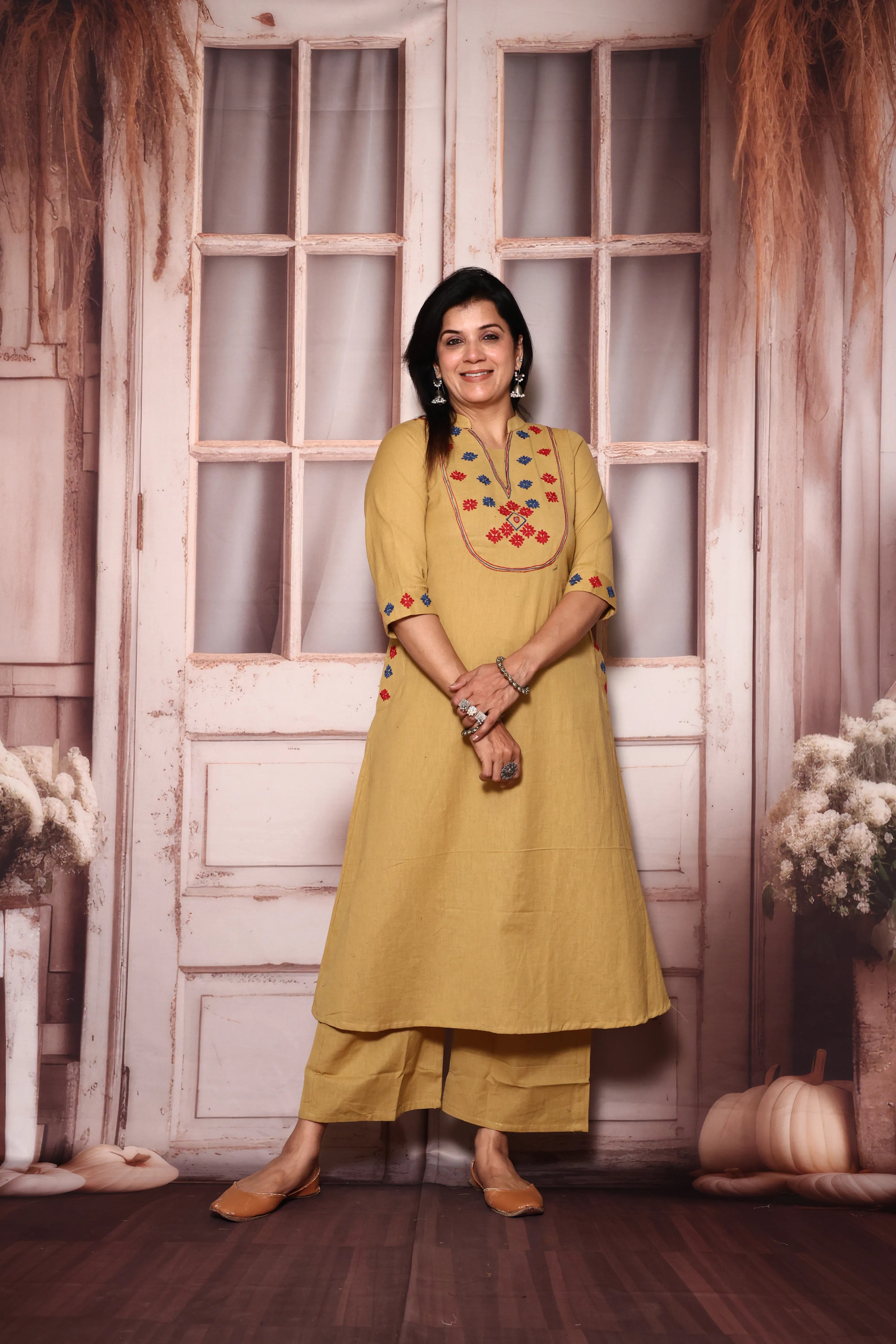 Dayroom Yellow Yoke Work Kurta Pant Set | Thread Embroidery | Cotton Ethnic Wear