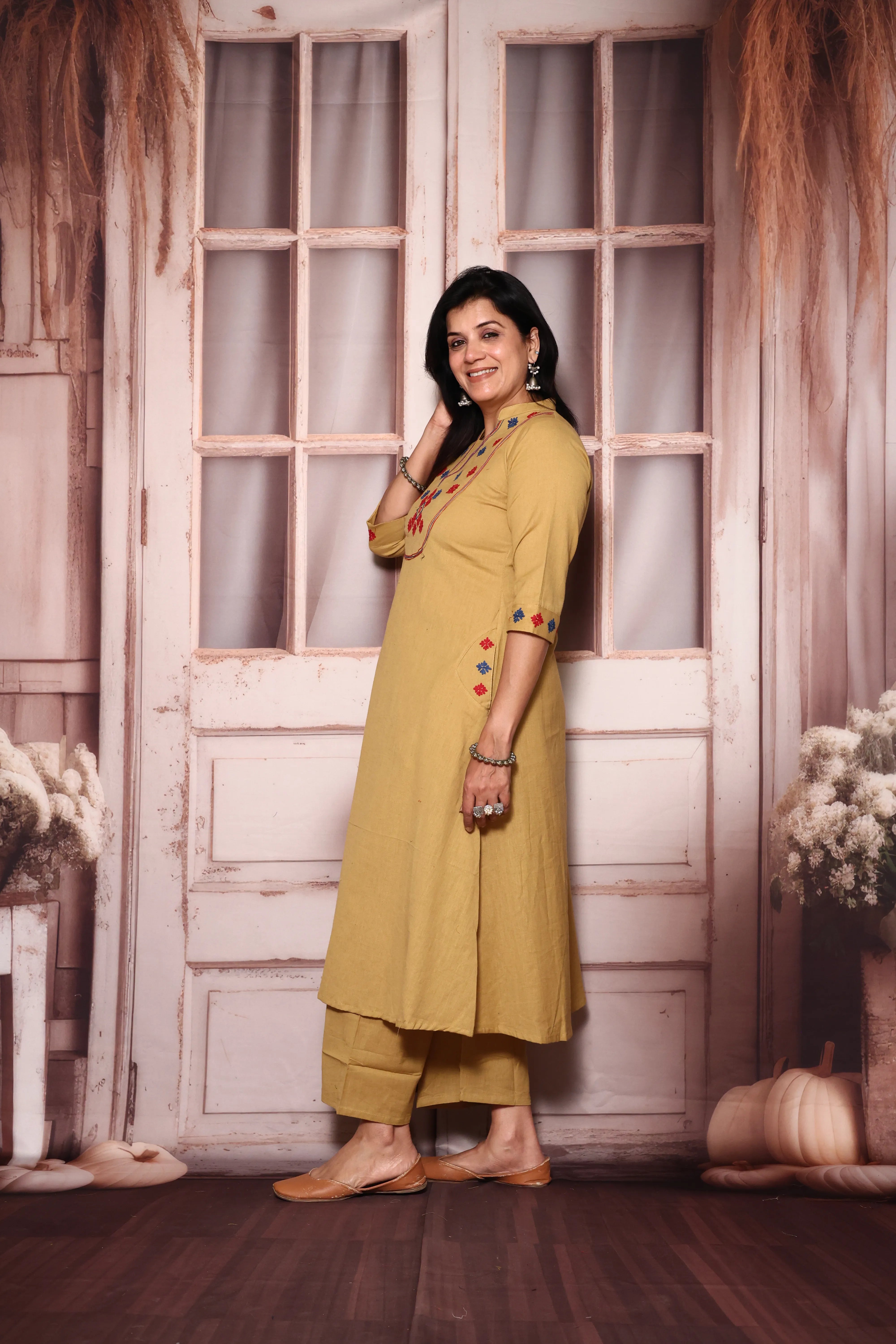 Dayroom Yellow Yoke Work Kurta Pant Set | Thread Embroidery | Cotton Ethnic Wear