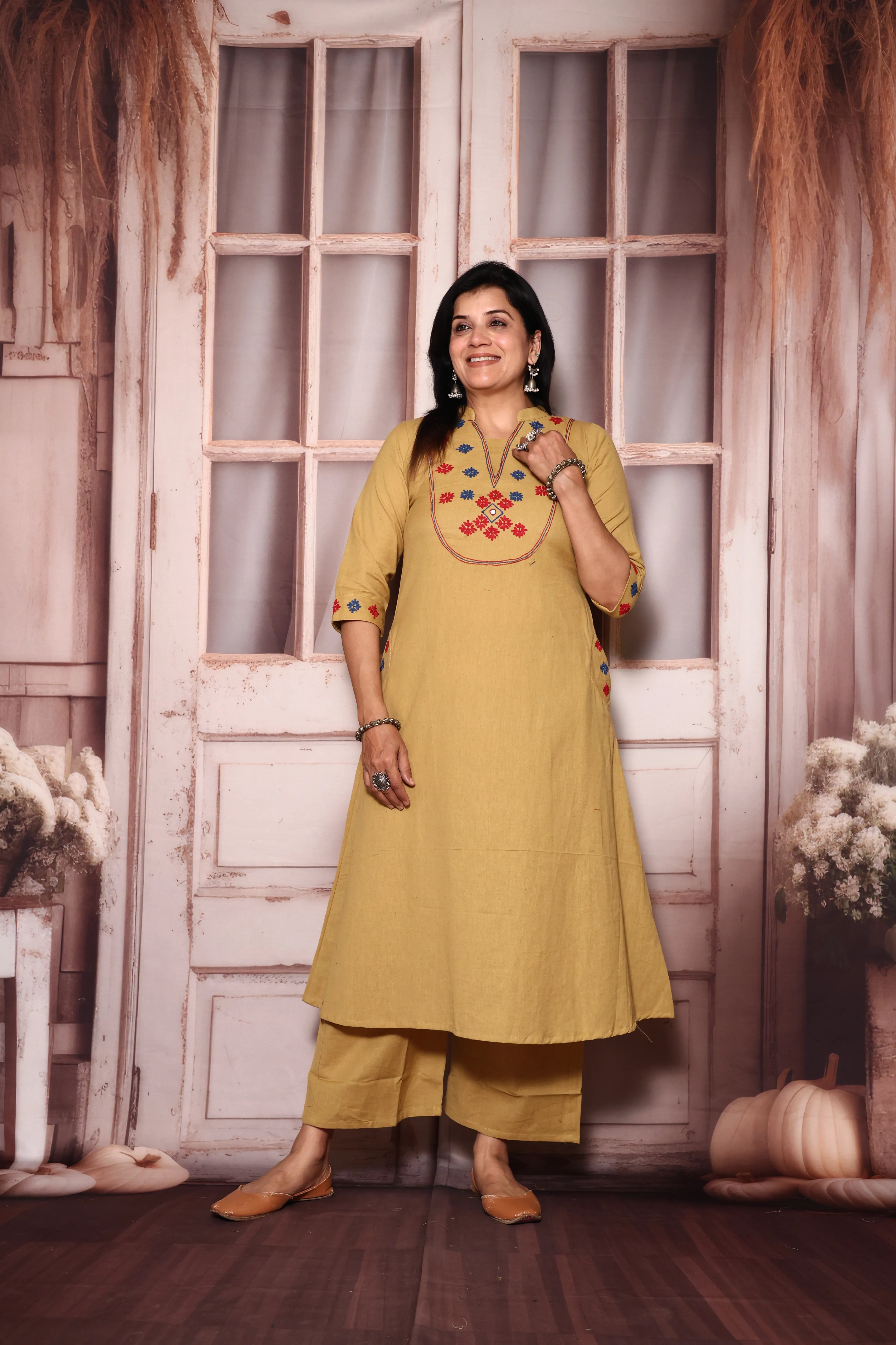 Dayroom Yellow Yoke Work Kurta Pant Set | Thread Embroidery | Cotton Ethnic Wear