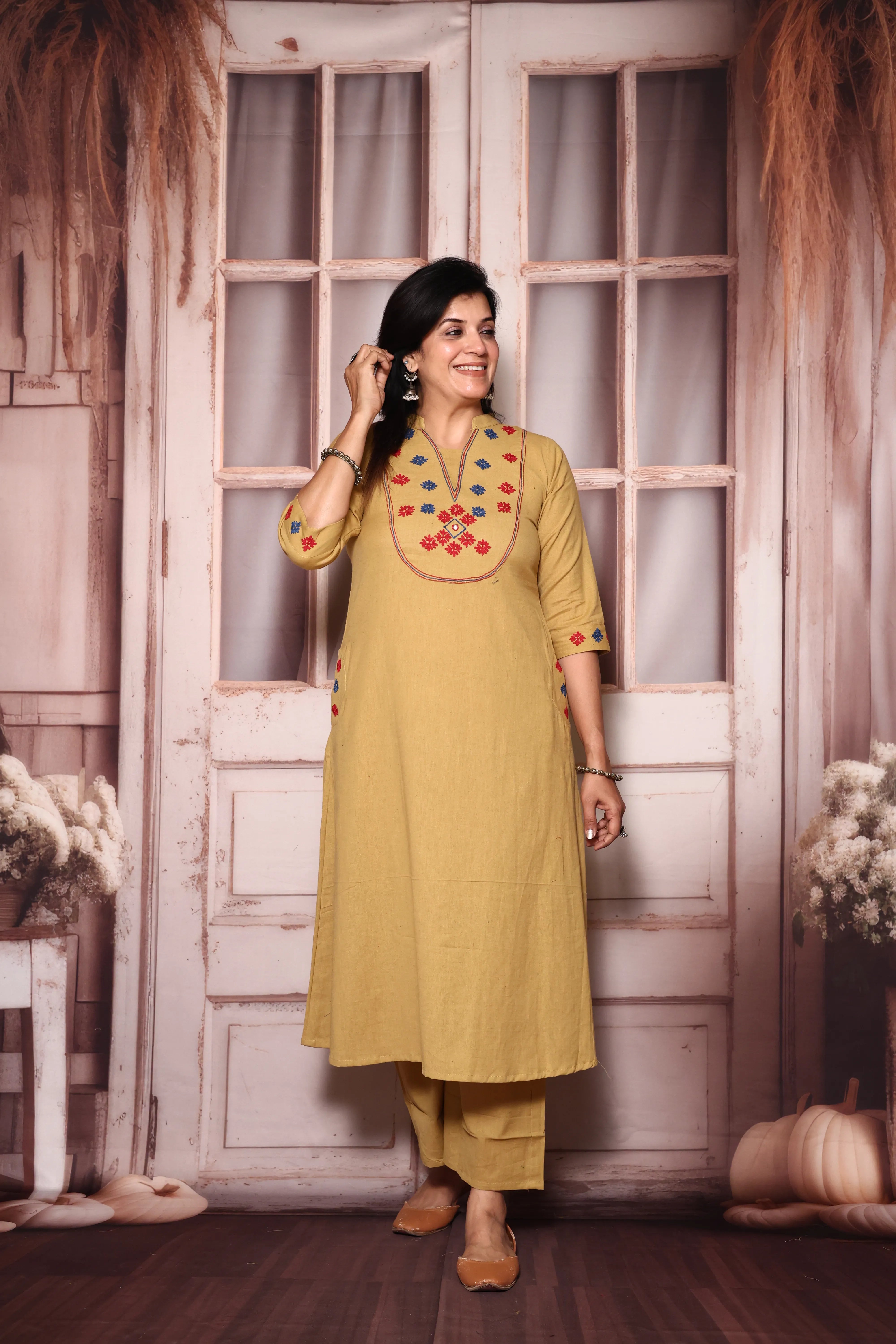 Dayroom Yellow Yoke Work Kurta Pant Set | Thread Embroidery | Cotton Ethnic Wear
