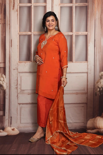 Bright Orange Short Kurta Dupatta Set | Zardozi, Sequins & Pearl Embroidery