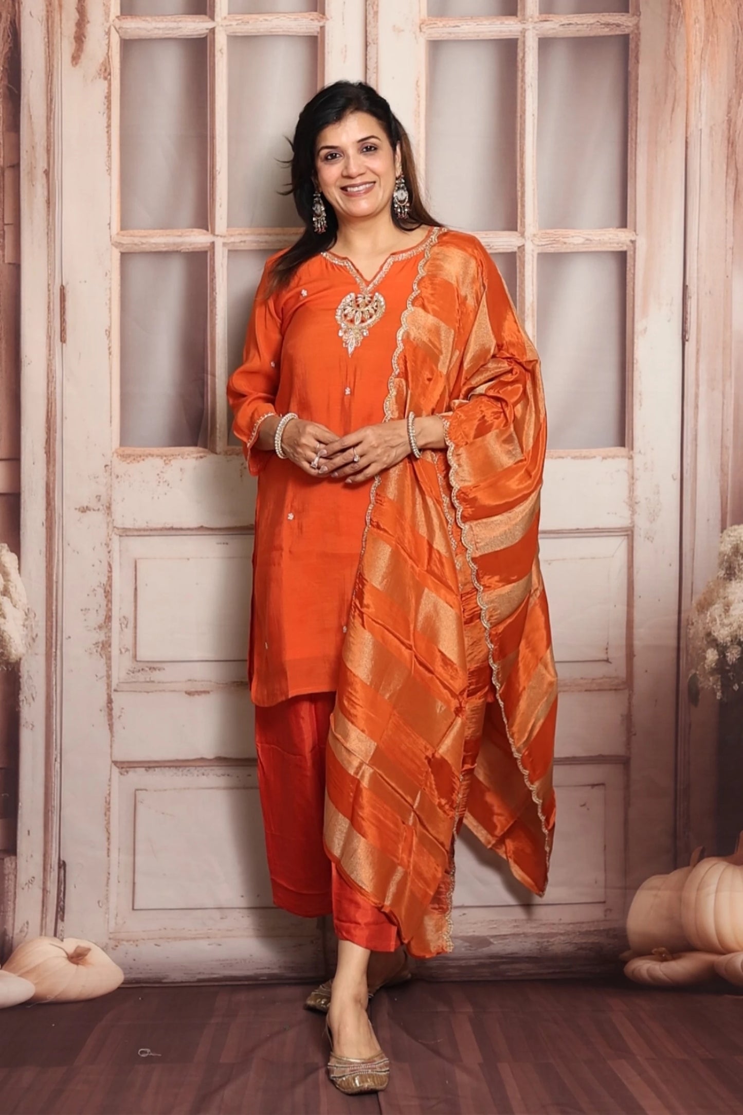 Bright Orange Short Kurta Dupatta Set | Zardozi, Sequins & Pearl Embroidery