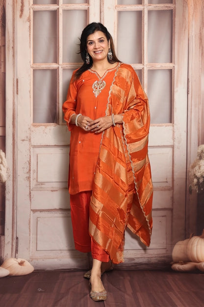 Bright Orange Short Kurta Dupatta Set | Zardozi, Sequins & Pearl Embroidery