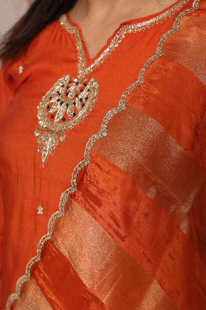 Bright Orange Short Kurta Dupatta Set | Zardozi, Sequins & Pearl Embroidery