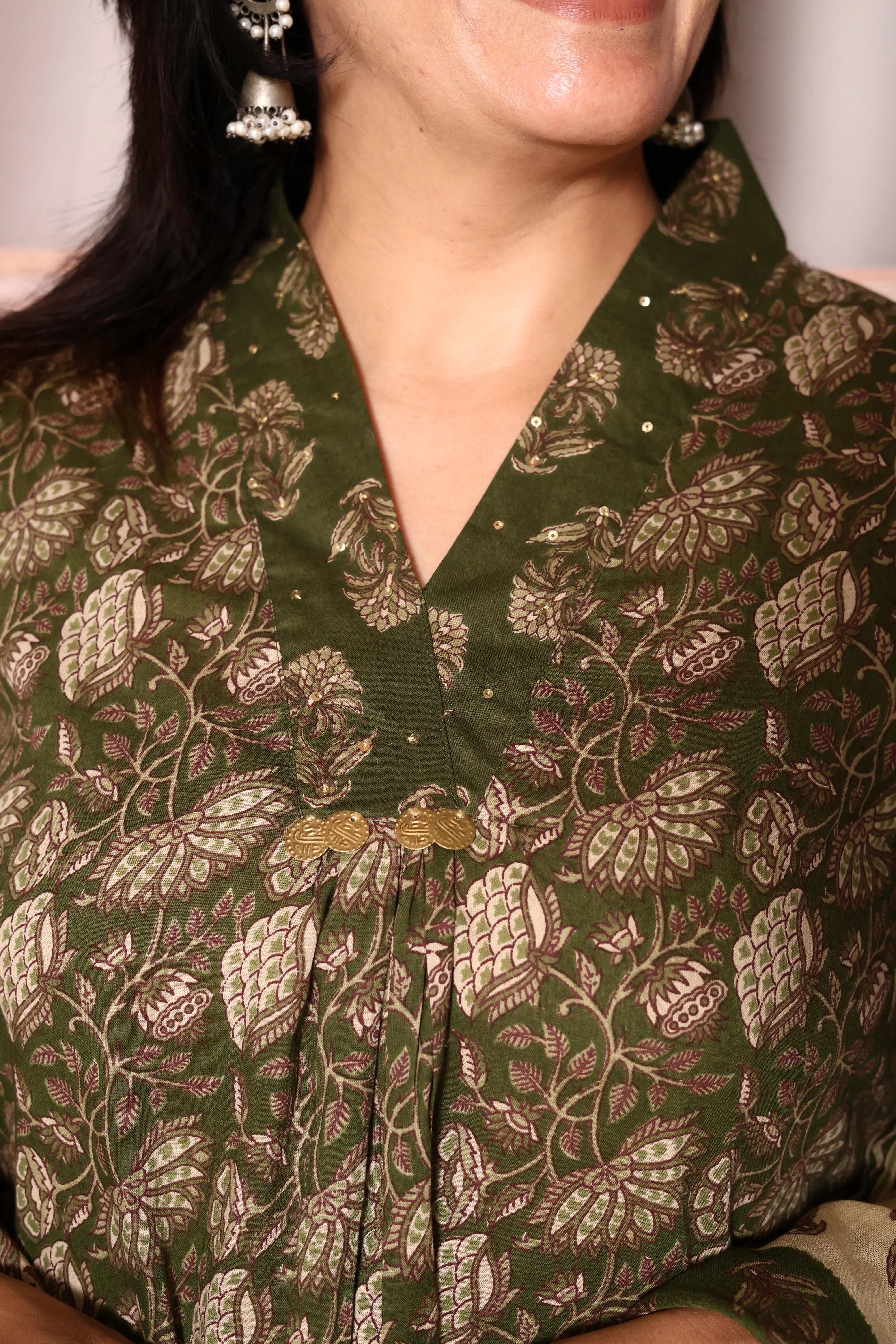 Olive Green Jaipuri Printed A-Line Kurta Pant with Dupatta Set – Soft Cotton Ethnic Suit