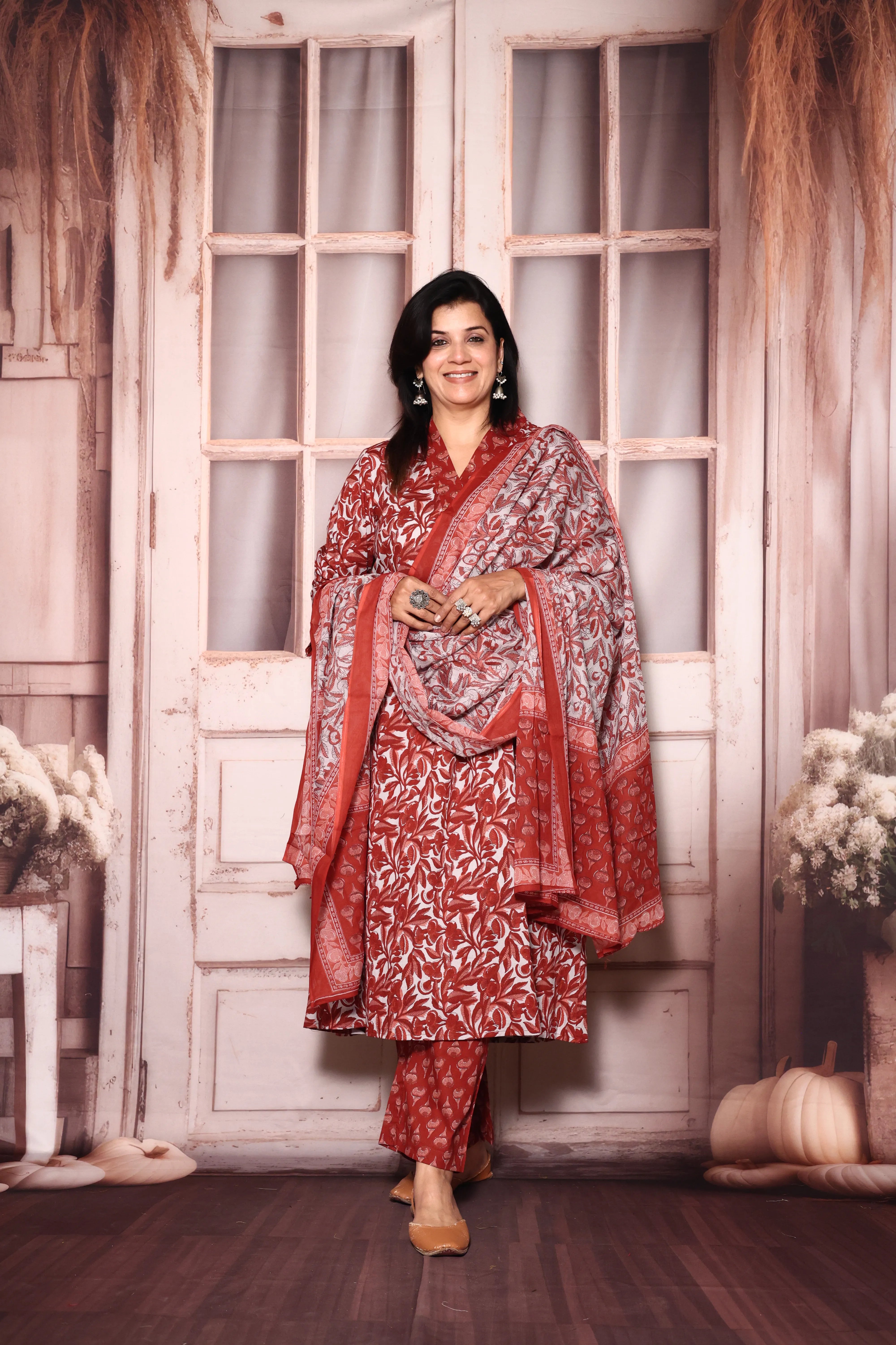 Royal Maroon Jaipuri Floral Printed A-Line Kurta Pant with Dupatta Set – Soft Cotton