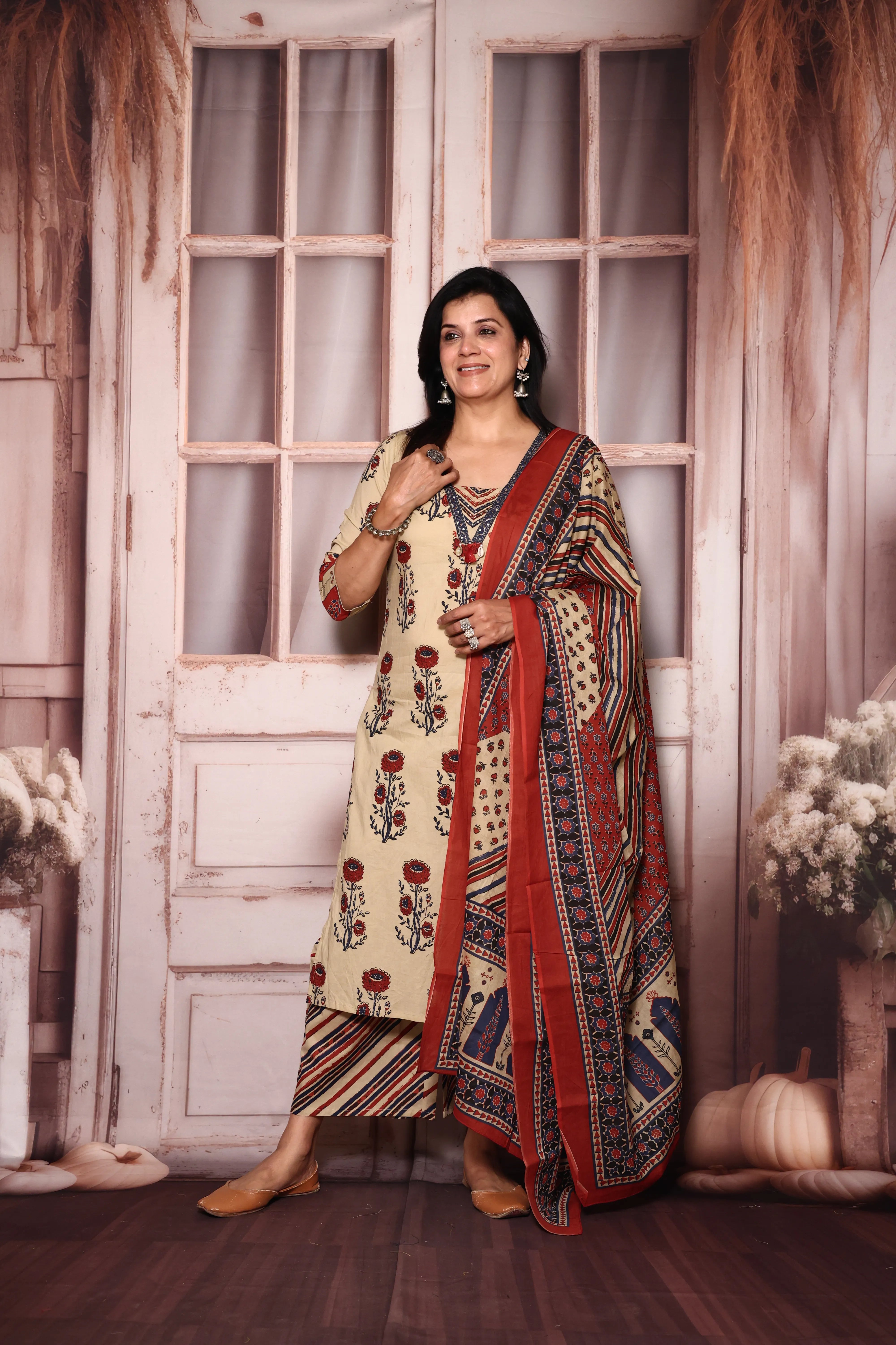 Beige Jaipuri Floral Printed Kurta Palazzo with Dupatta Set | Plus Size Available