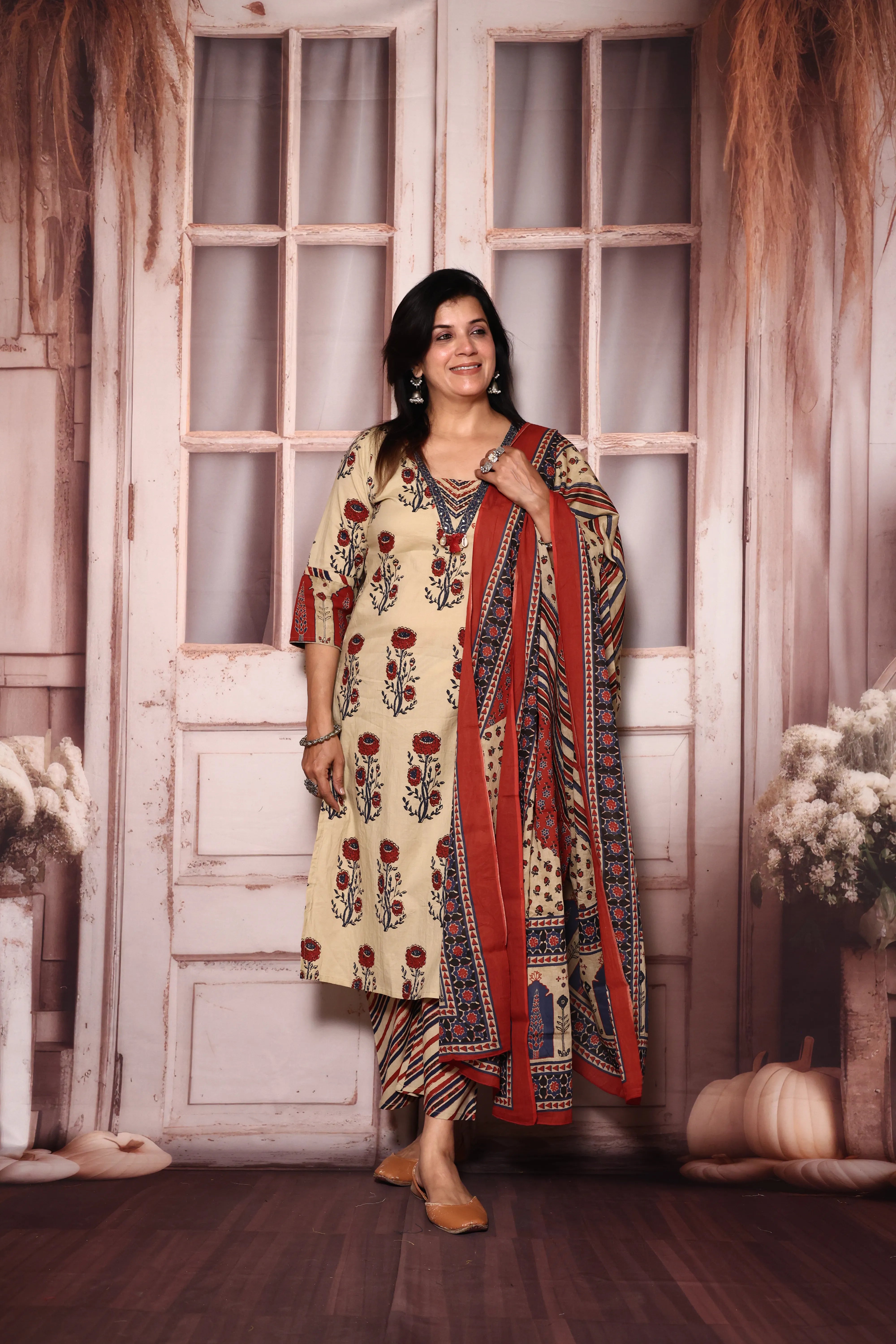 Beige Jaipuri Floral Printed Kurta Palazzo with Dupatta Set | Plus Size Available