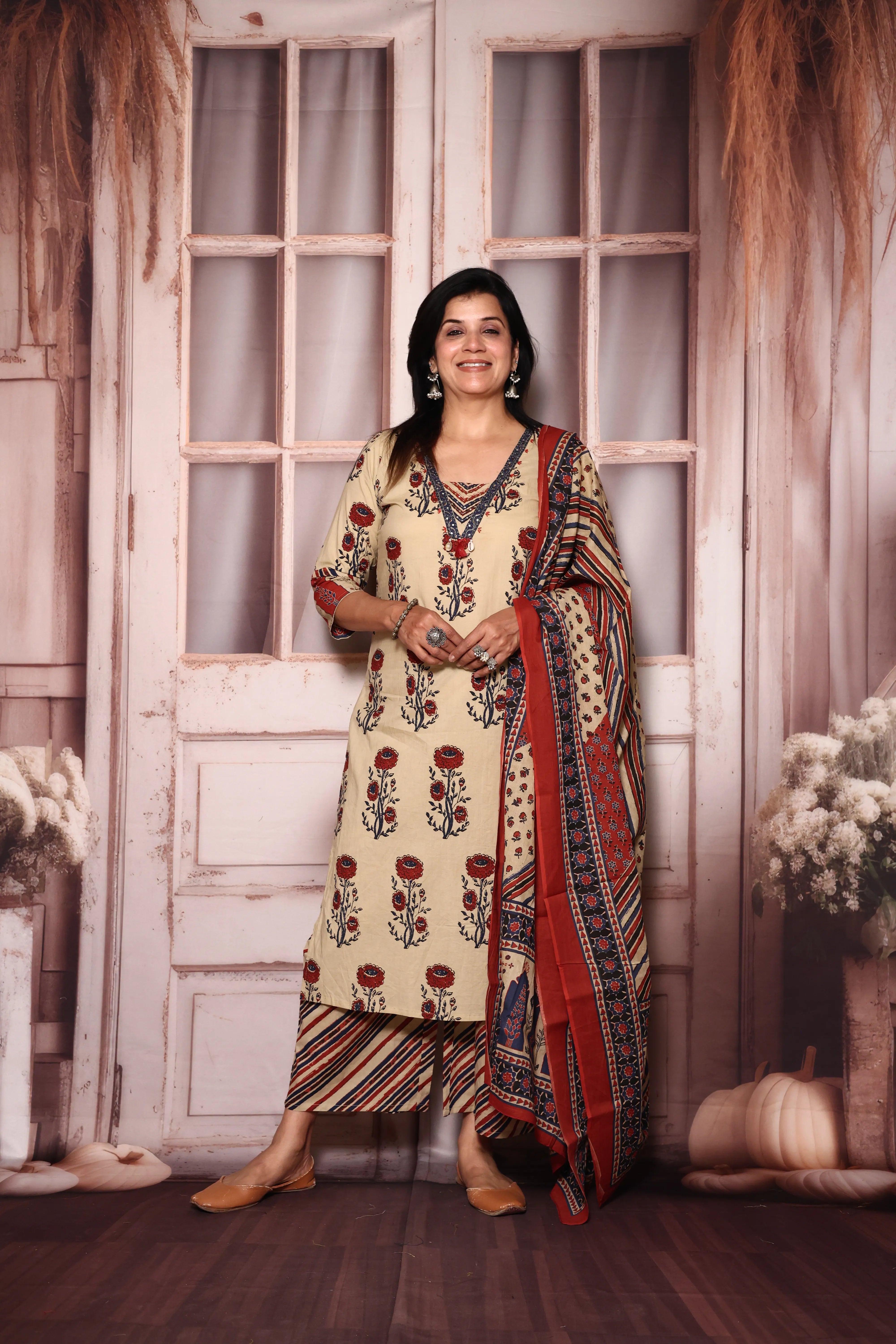 Beige Jaipuri Floral Printed Kurta Palazzo with Dupatta Set | Plus Size Available
