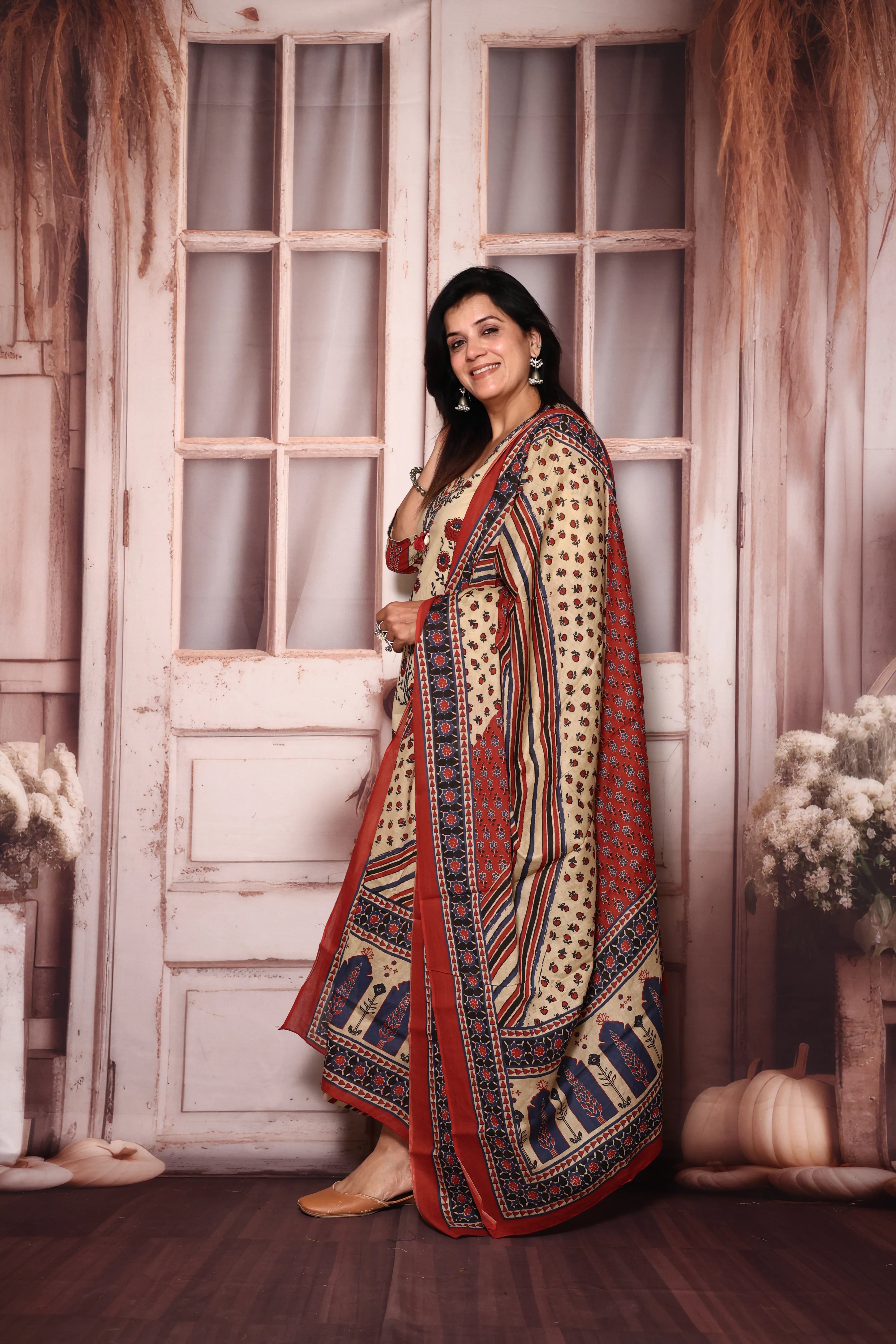 Beige Jaipuri Floral Printed Kurta Palazzo with Dupatta Set | Plus Size Available