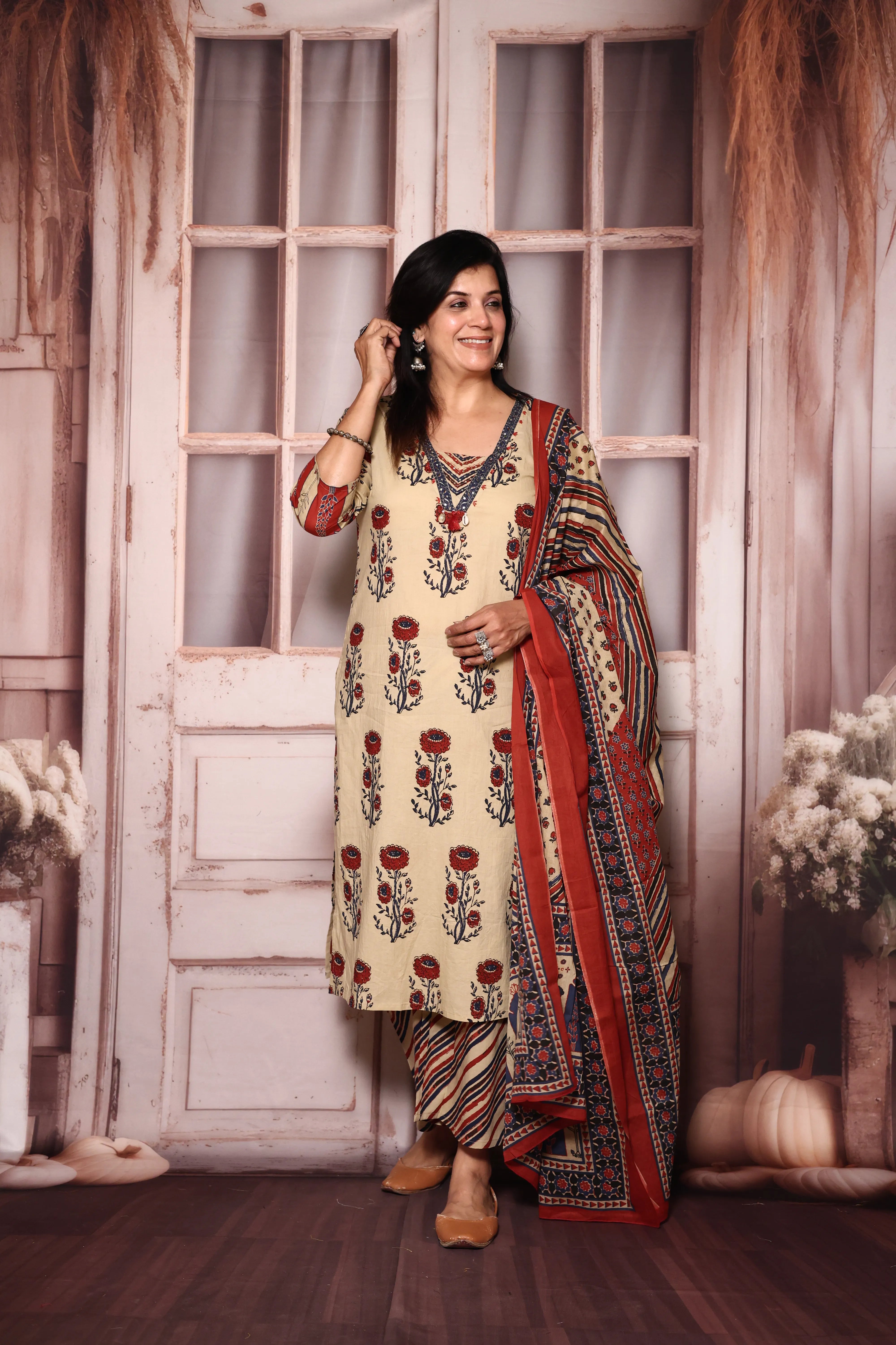 Beige Jaipuri Floral Printed Kurta Palazzo with Dupatta Set | Plus Size Available