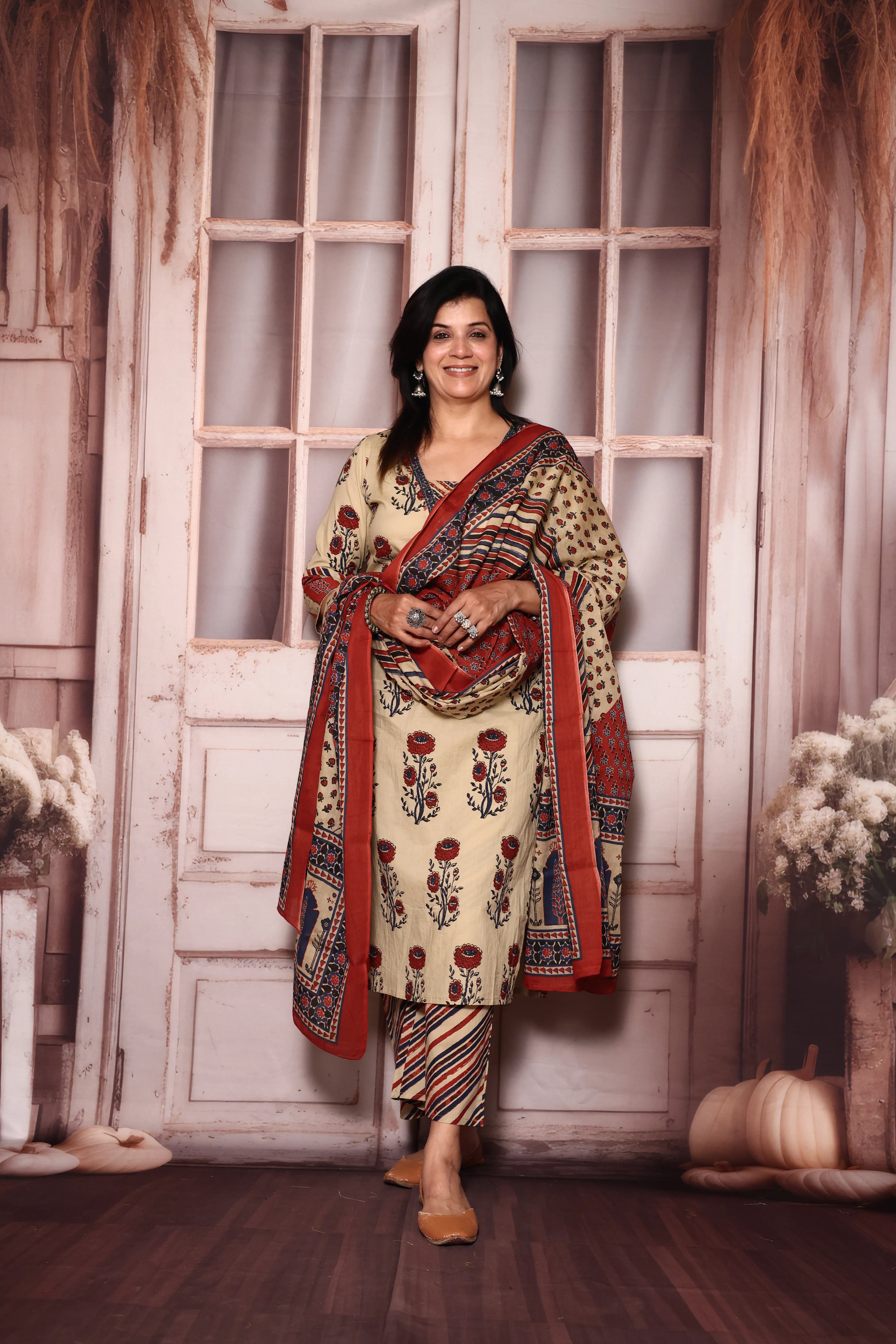 Beige Jaipuri Floral Printed Kurta Palazzo with Dupatta Set | Plus Size Available
