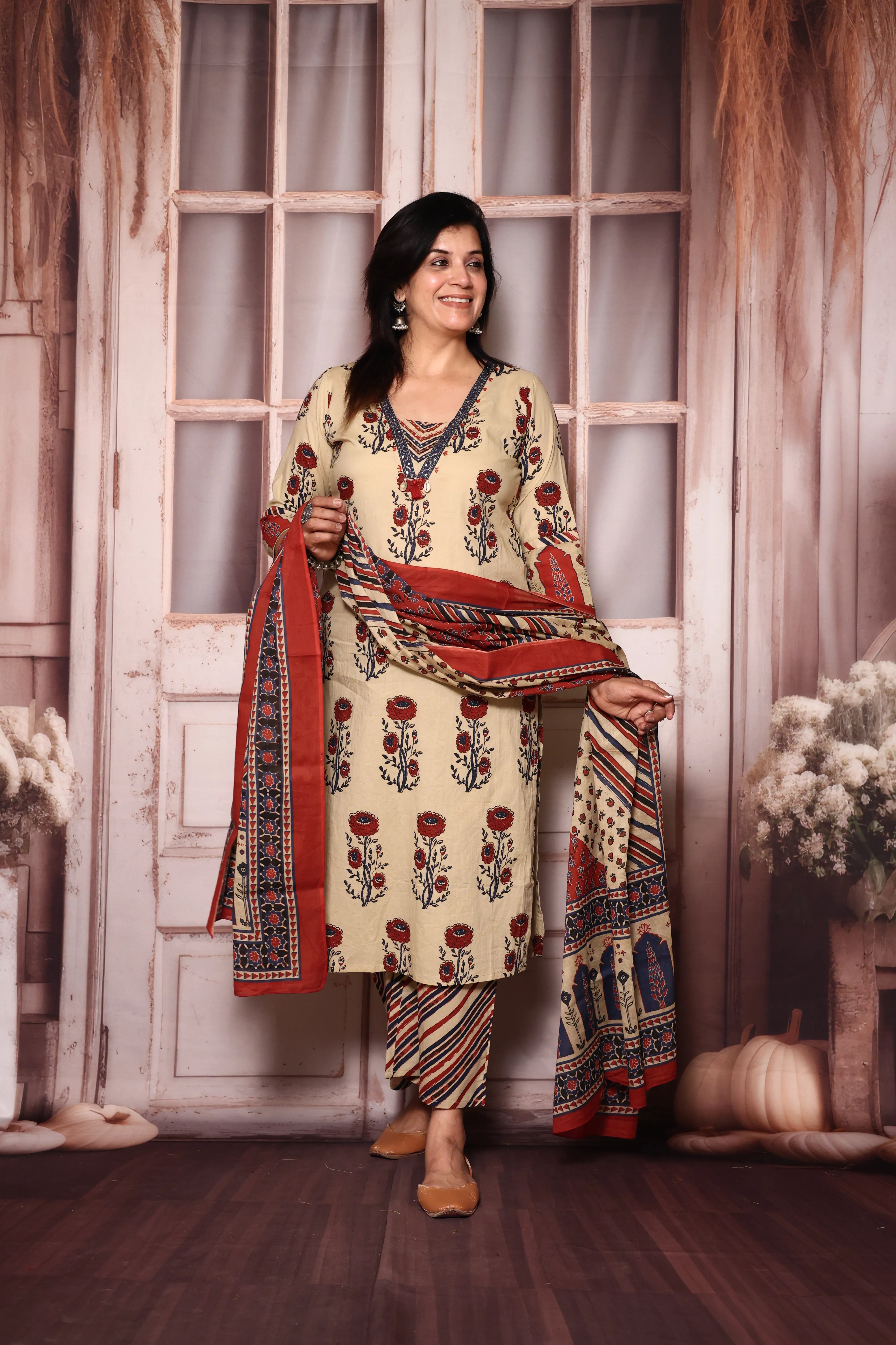 Beige Jaipuri Floral Printed Kurta Palazzo with Dupatta Set | Plus Size Available