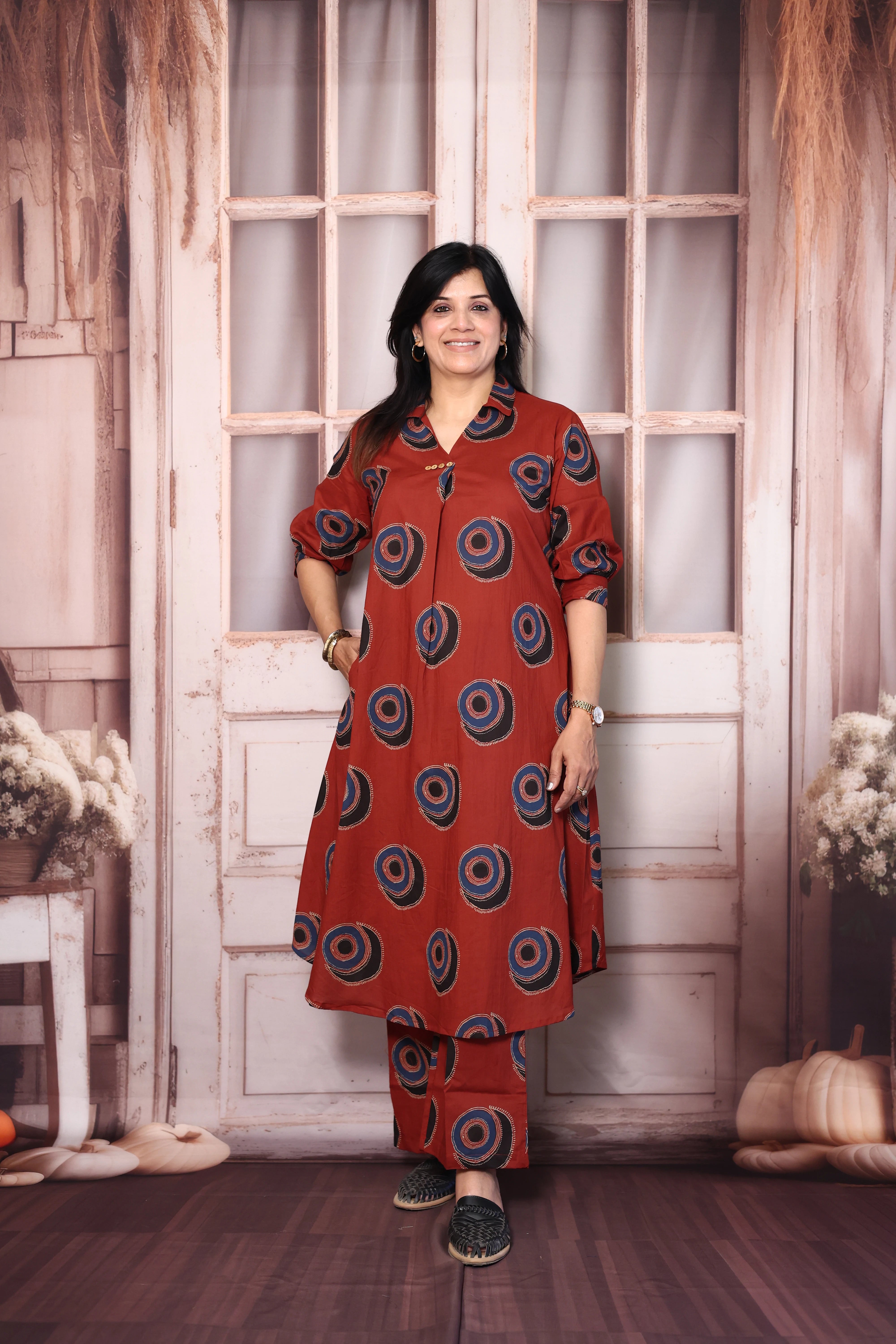 Maroon Printed A-Line Kurti Pant Co-Ord Set | Soft Cotton Casual Ethnic Wear