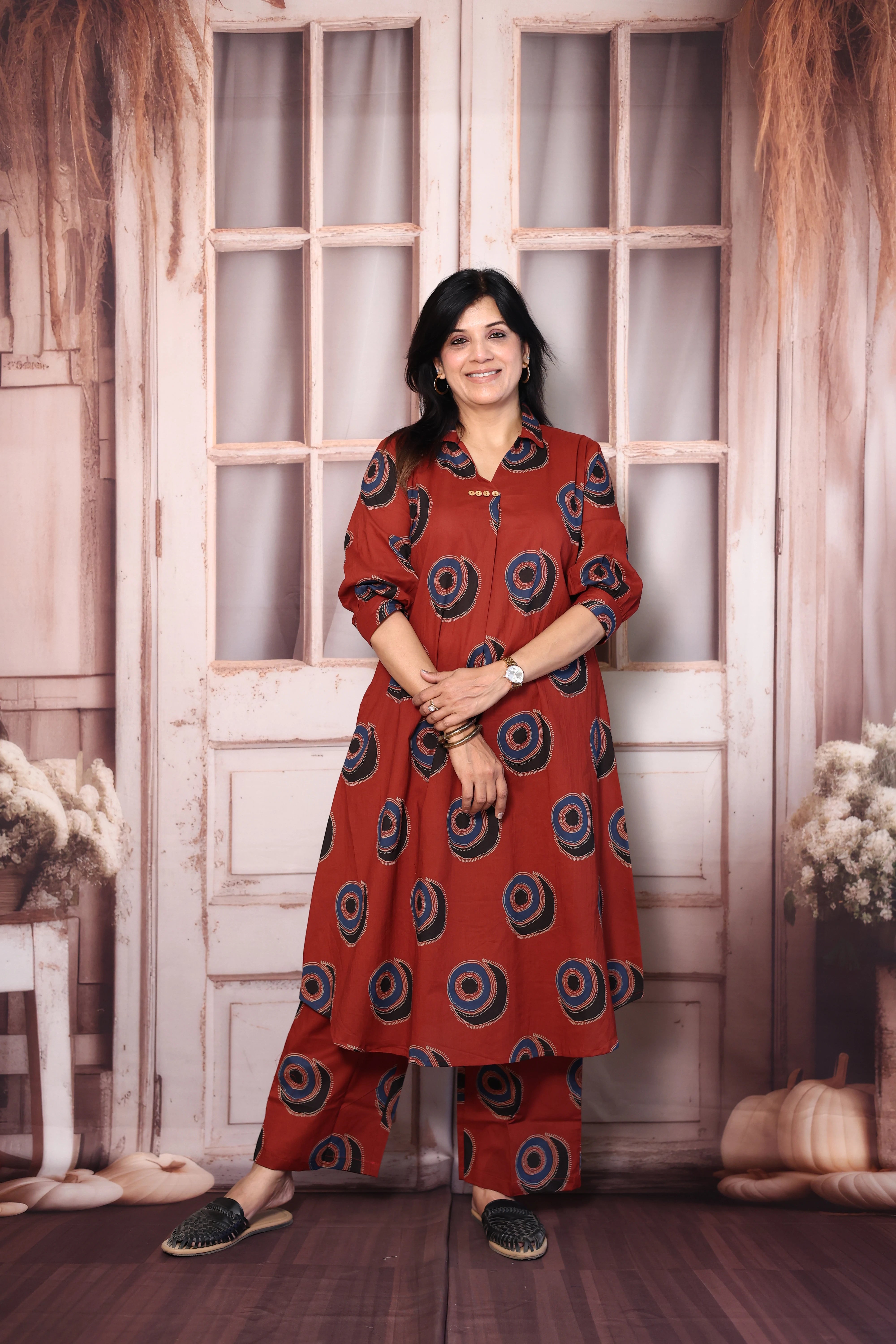 Maroon Printed A-Line Kurti Pant Co-Ord Set | Soft Cotton Casual Ethnic Wear