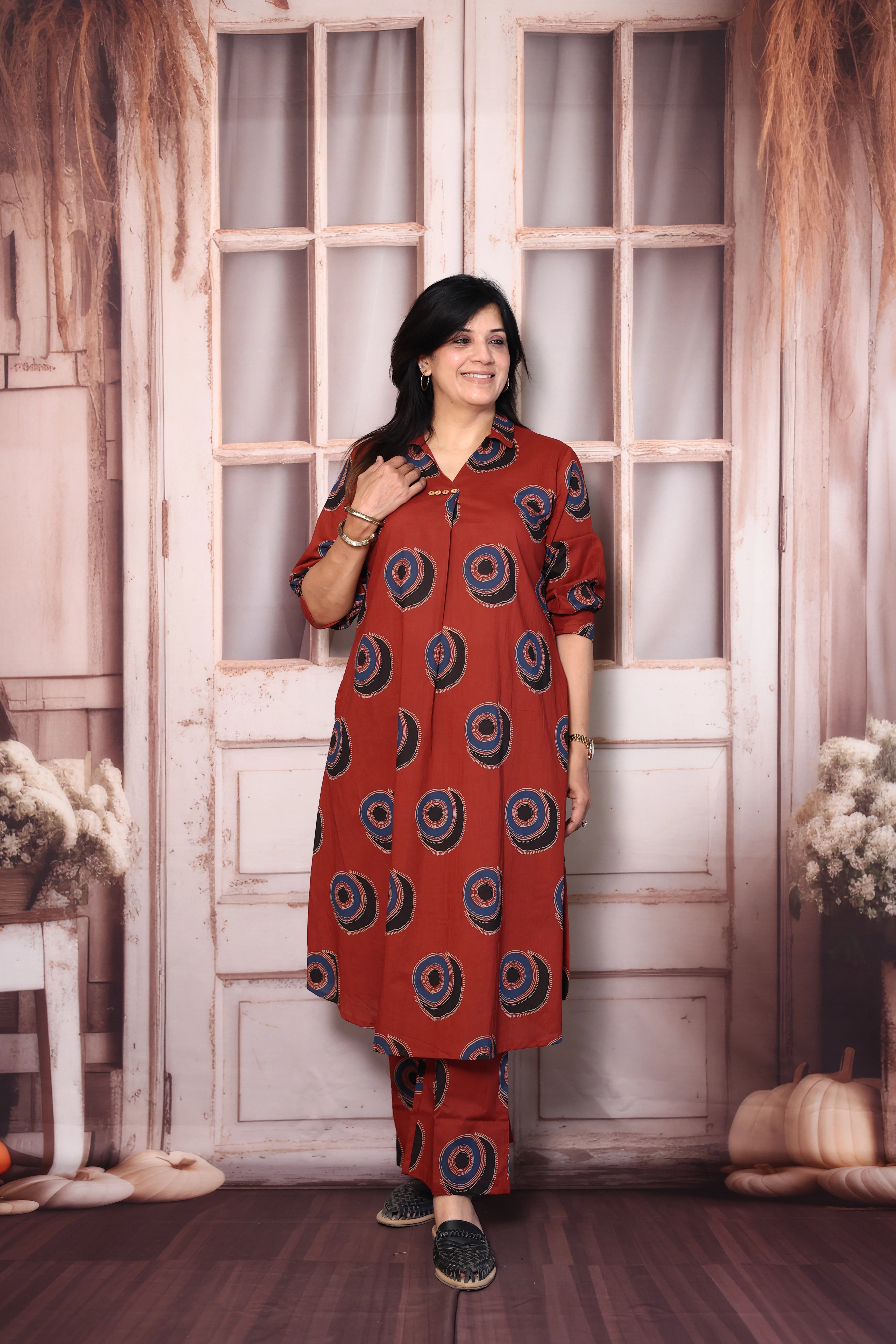 Maroon Printed A-Line Kurti Pant Co-Ord Set | Soft Cotton Casual Ethnic Wear