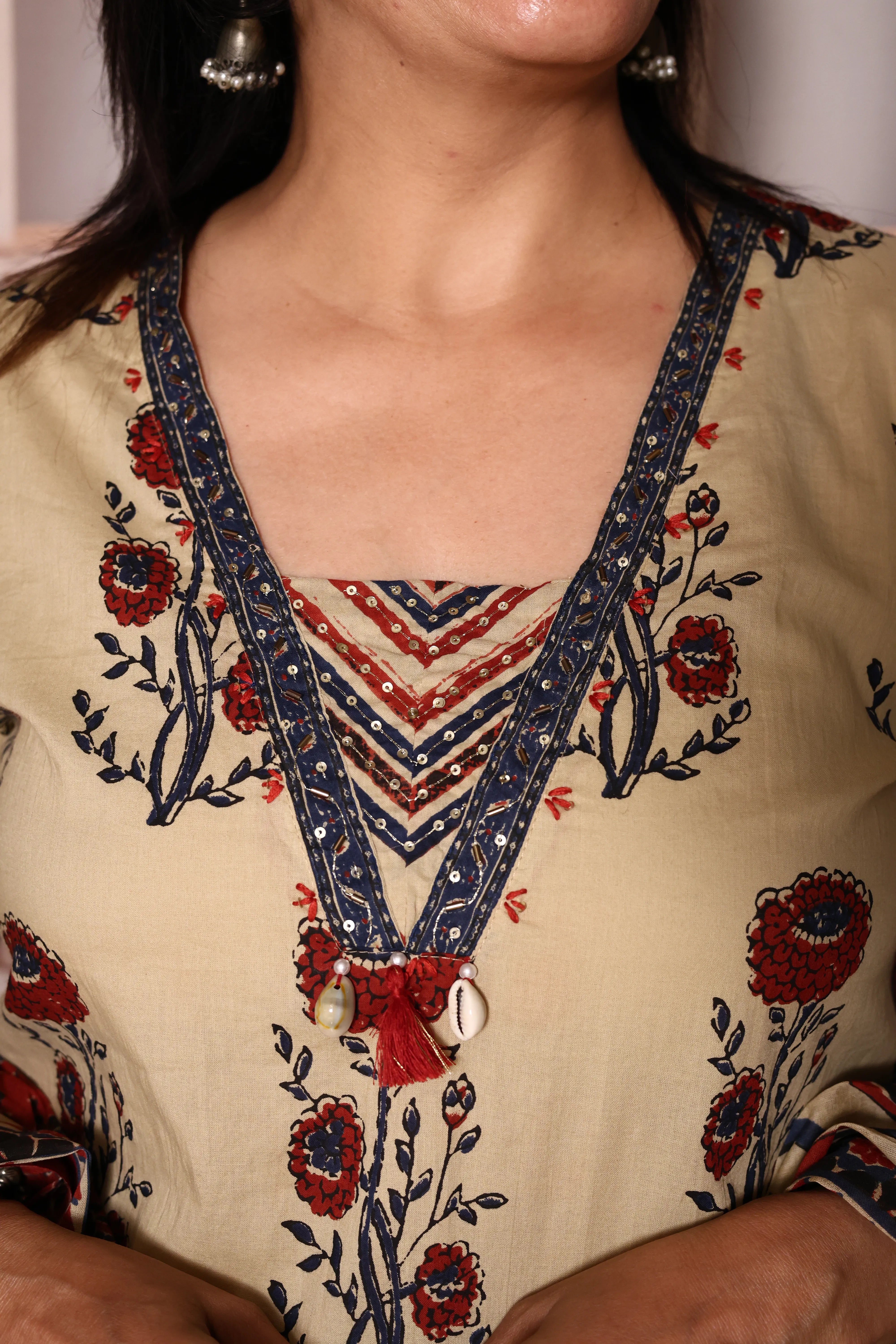 Beige Jaipuri Floral Printed Kurta Palazzo with Dupatta Set | Plus Size Available