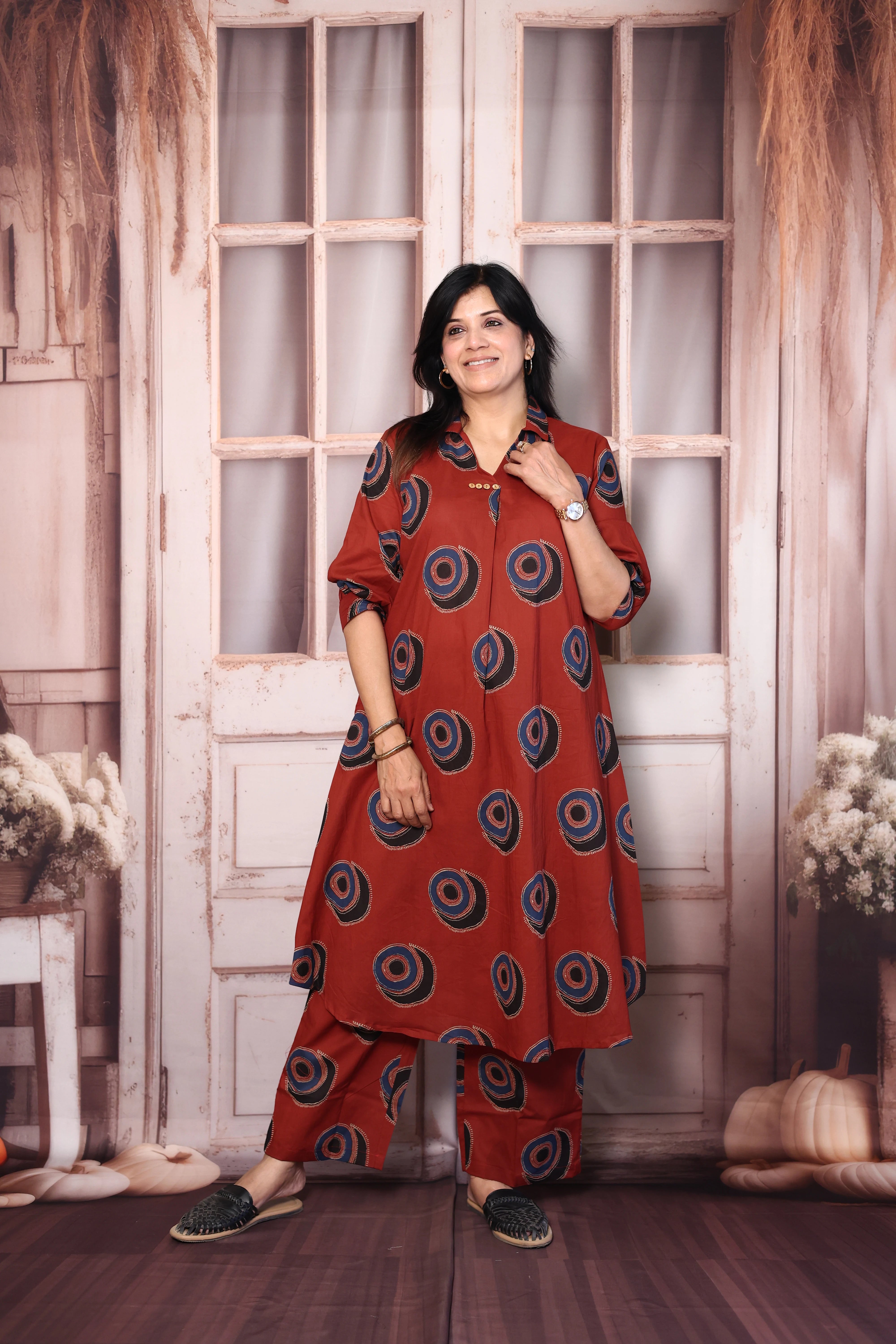 Maroon Printed A-Line Kurti Pant Co-Ord Set | Soft Cotton Casual Ethnic Wear