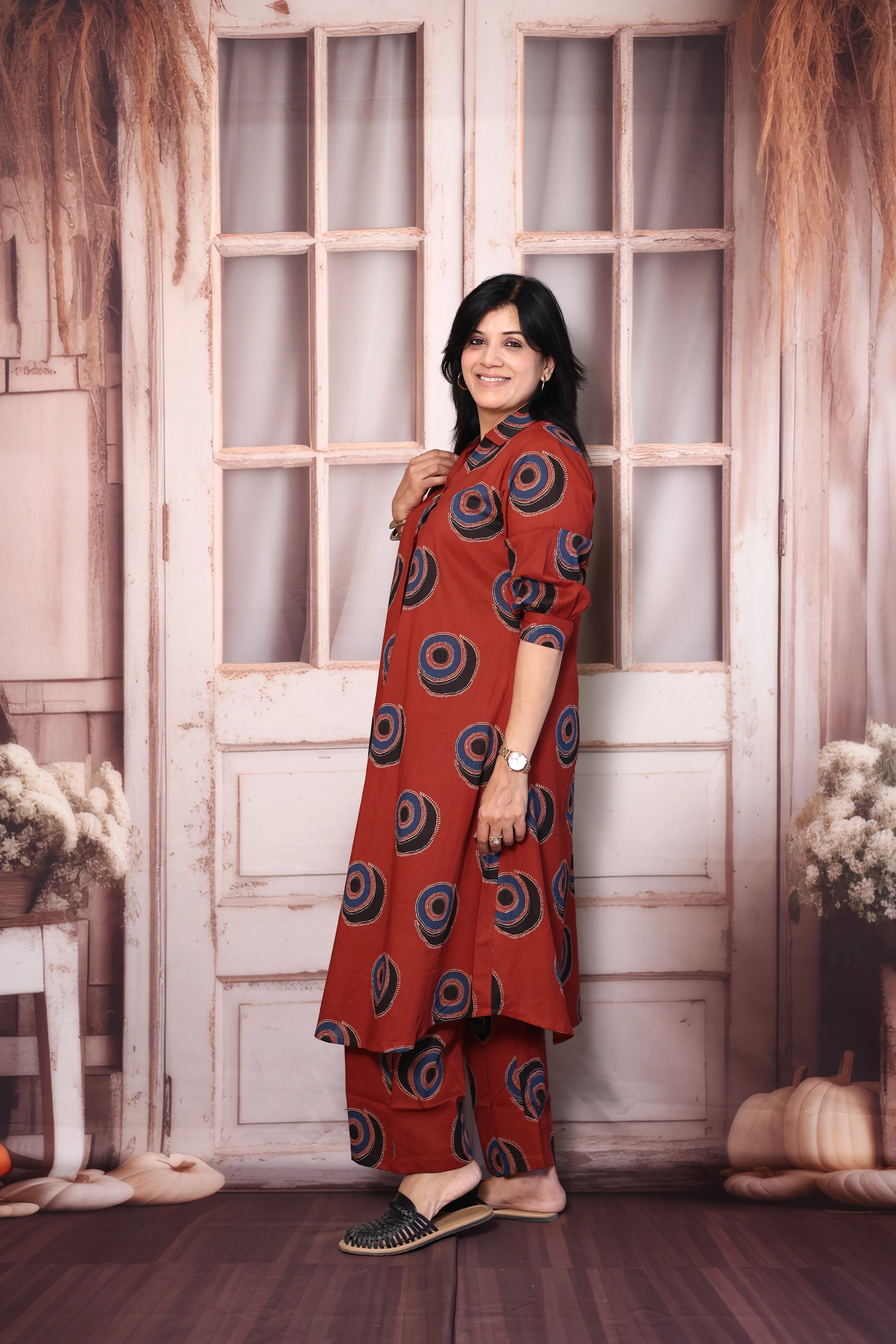 Maroon Printed A-Line Kurti Pant Co-Ord Set | Soft Cotton Casual Ethnic Wear
