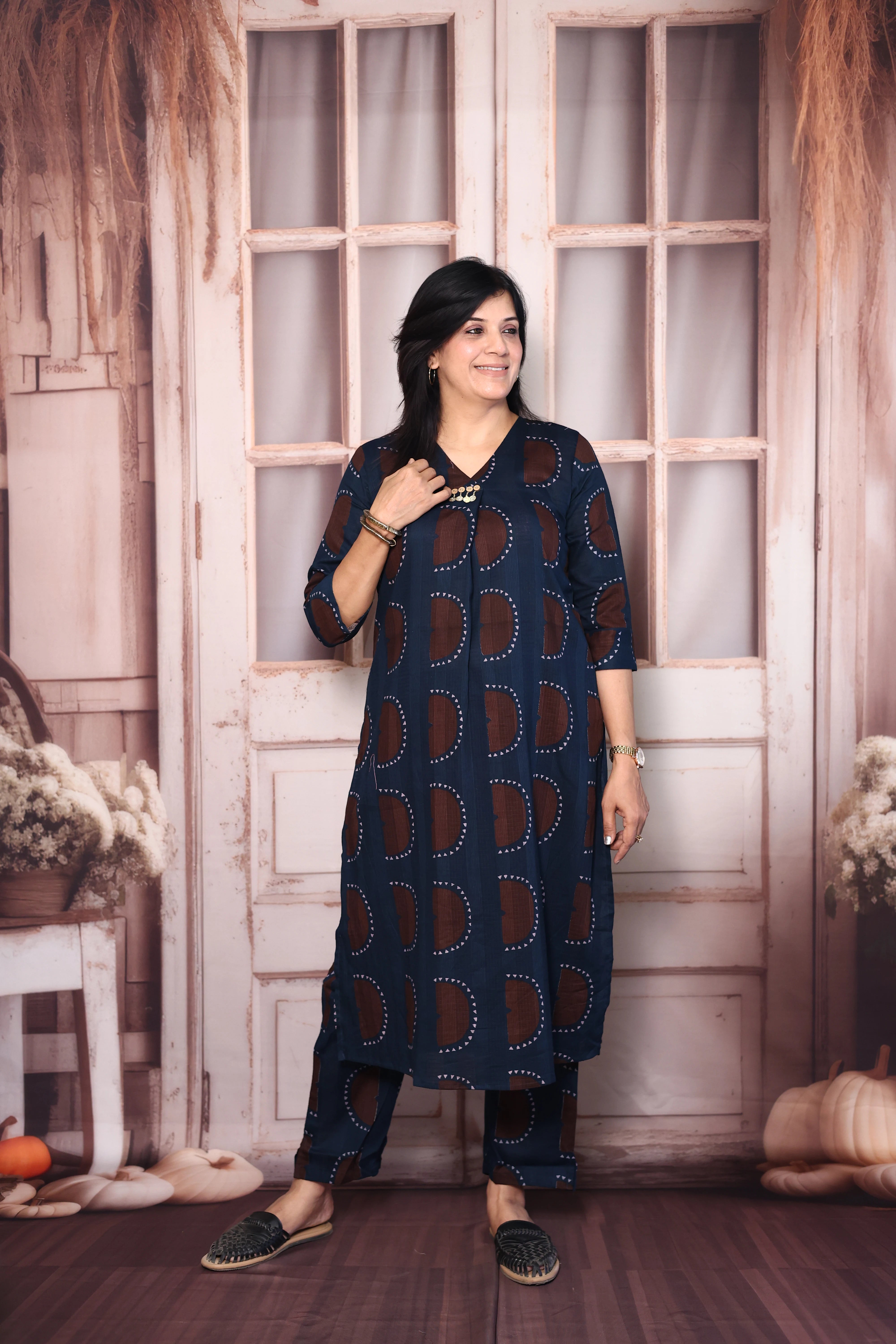 Dark Blue Printed Kurti Pant Co-Ord Set | Soft Cotton Casual Ethnic Wear