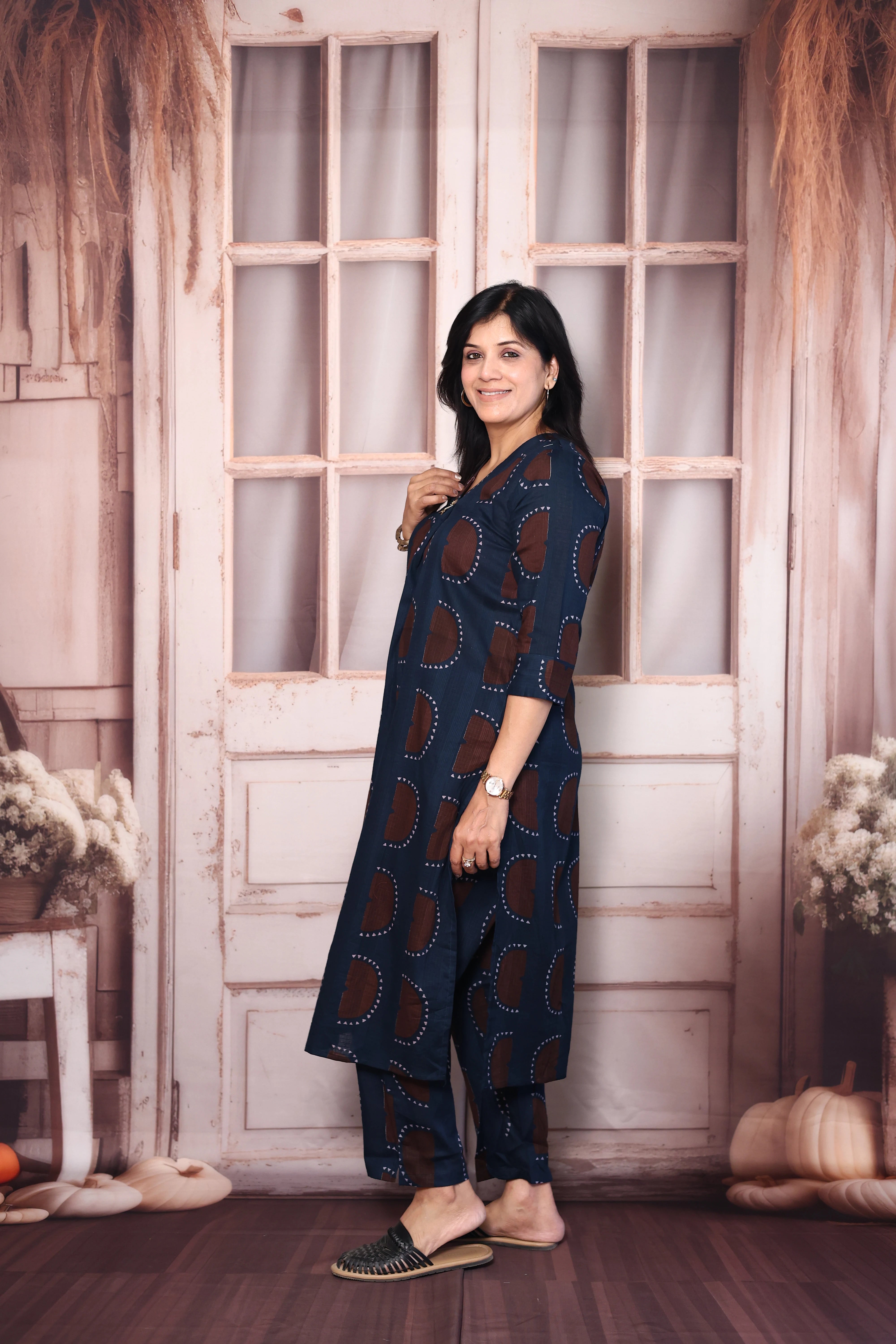 Dark Blue Printed Kurti Pant Co-Ord Set | Soft Cotton Casual Ethnic Wear