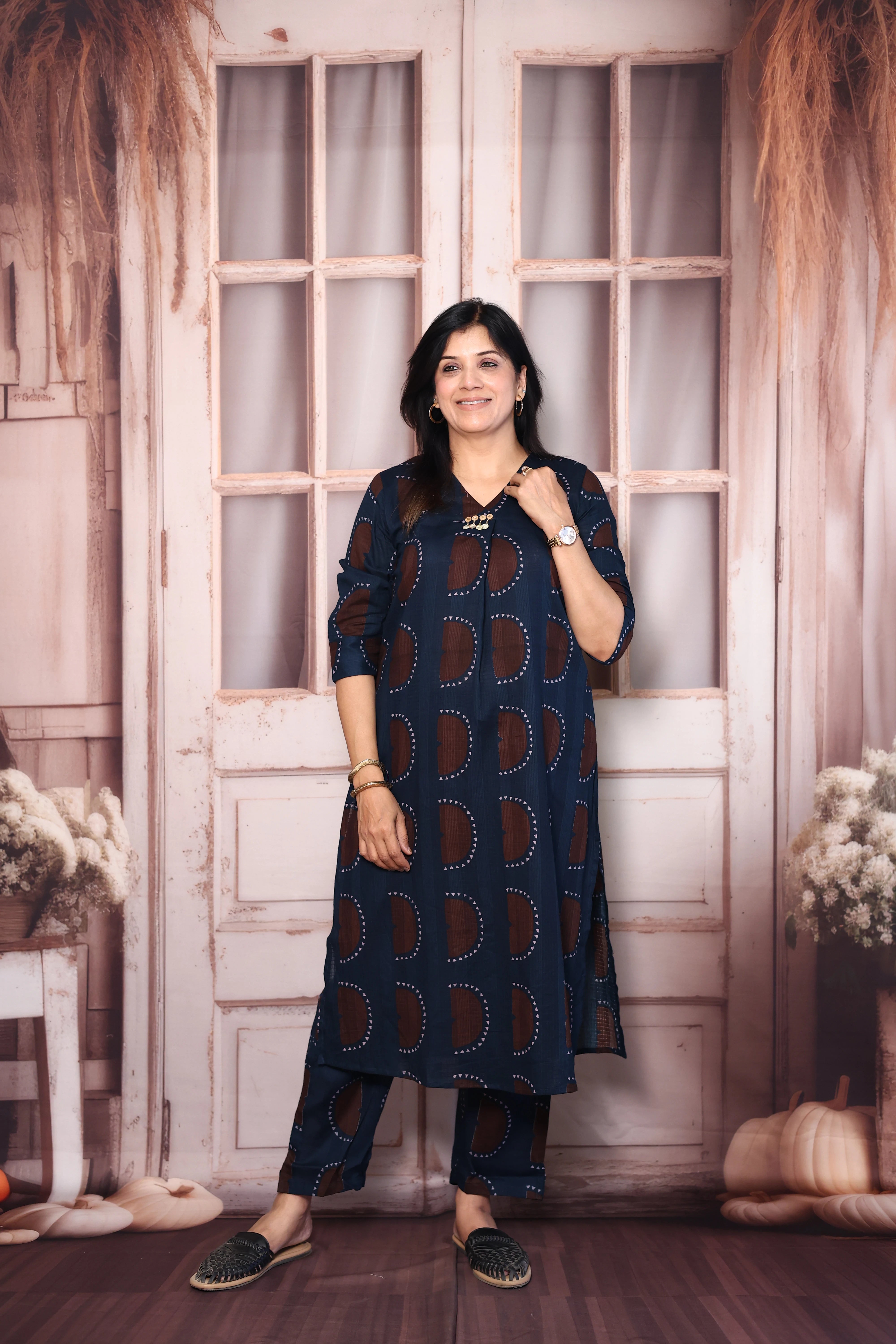 Dark Blue Printed Kurti Pant Co-Ord Set | Soft Cotton Casual Ethnic Wear