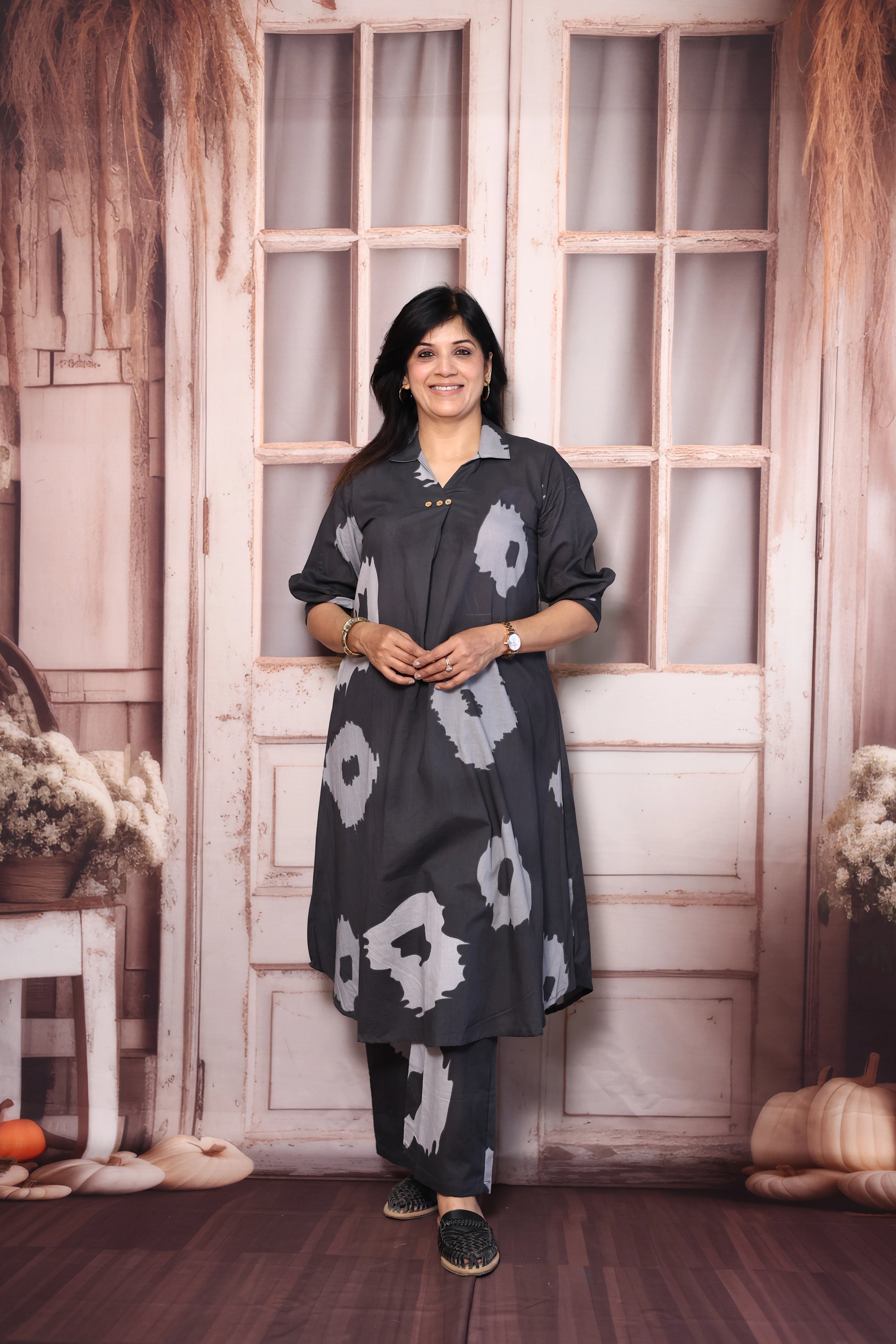 Gray Printed A-Line Kurti Pant Co-Ord Set | Soft Cotton Casual Ethnic Wear
