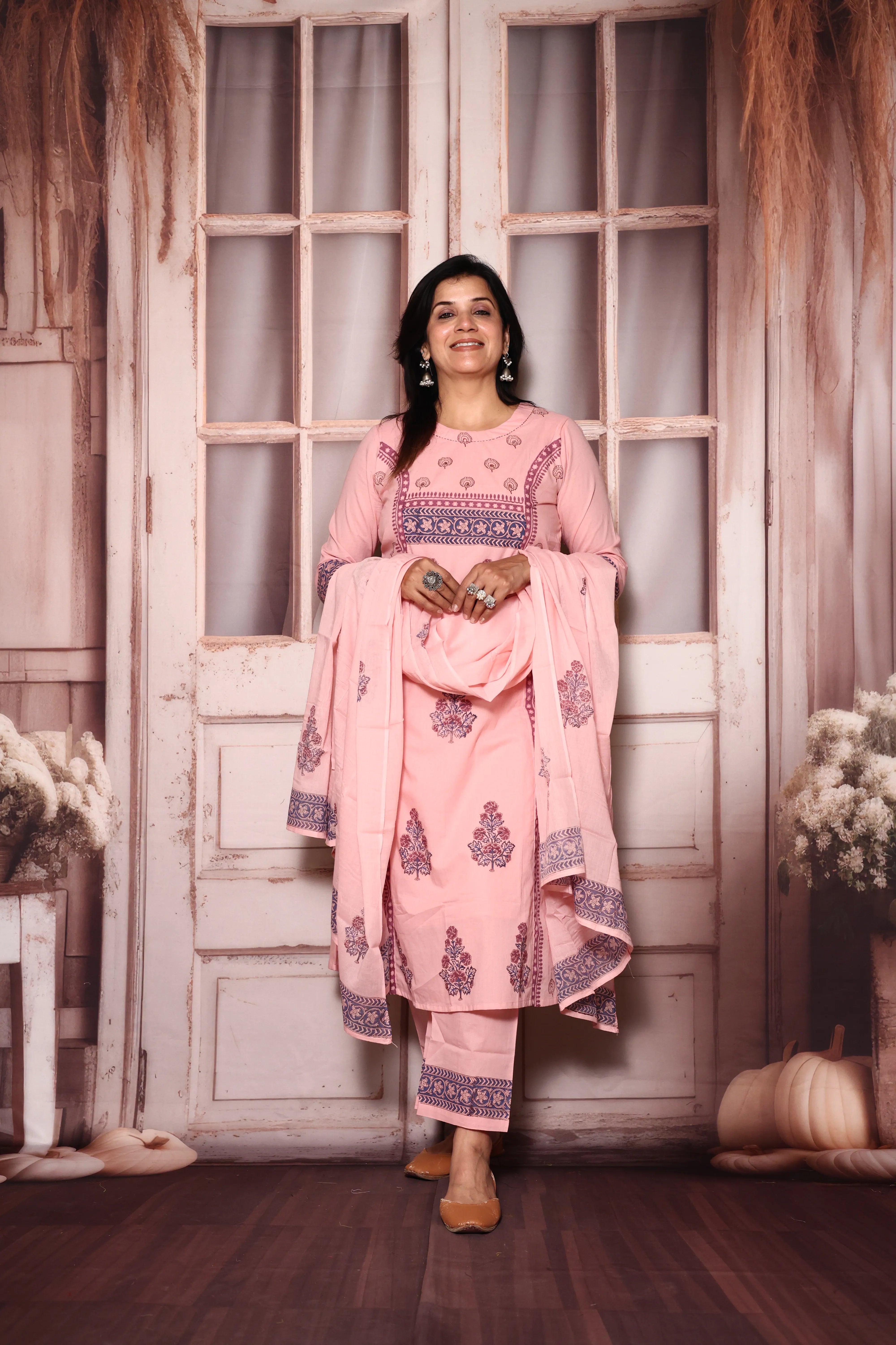 Light Pink A-Line Kurta Pant with Dupatta Set | Jaipuri Floral Print | Mul Mul Cotton