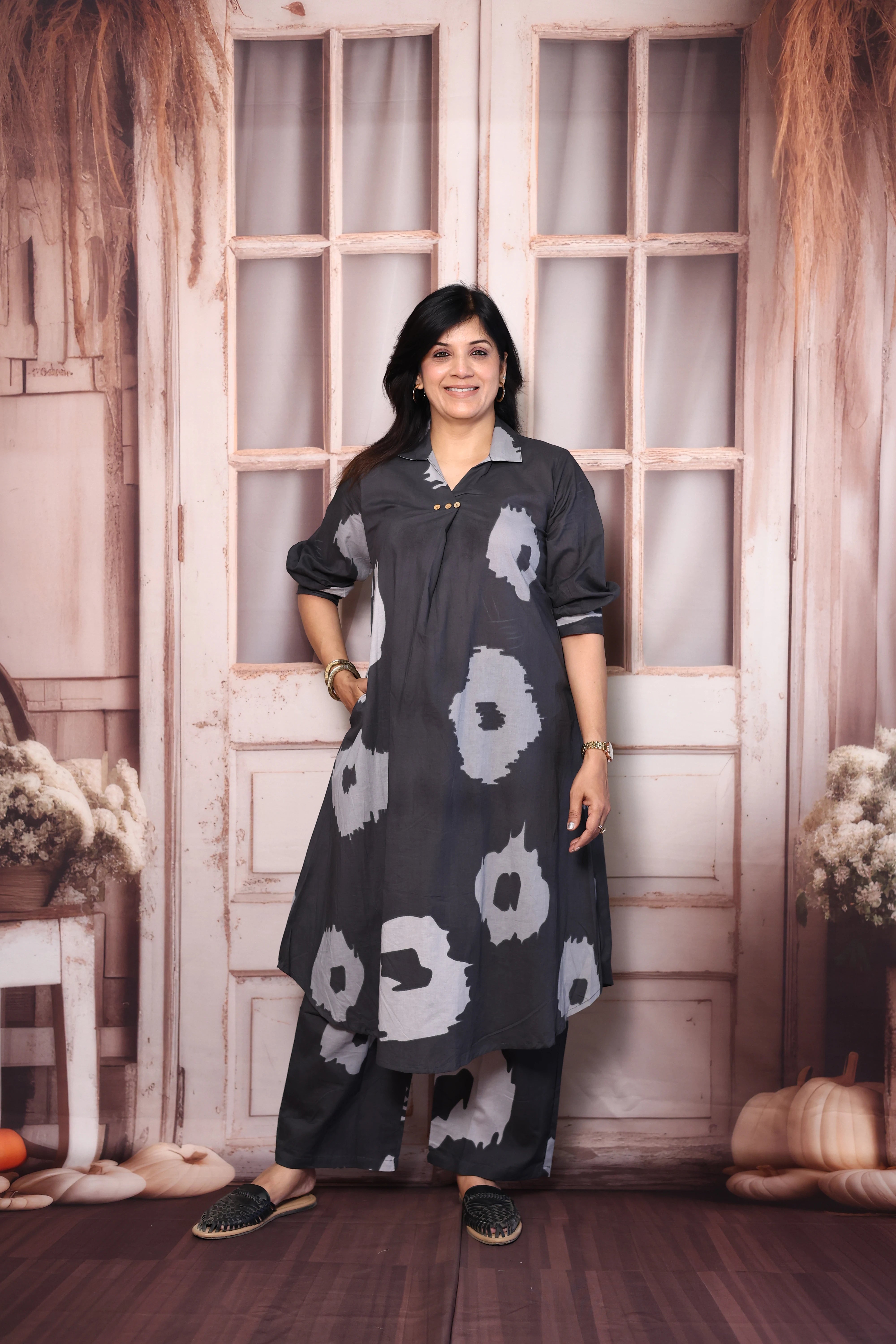 Gray Printed A-Line Kurti Pant Co-Ord Set | Soft Cotton Casual Ethnic Wear
