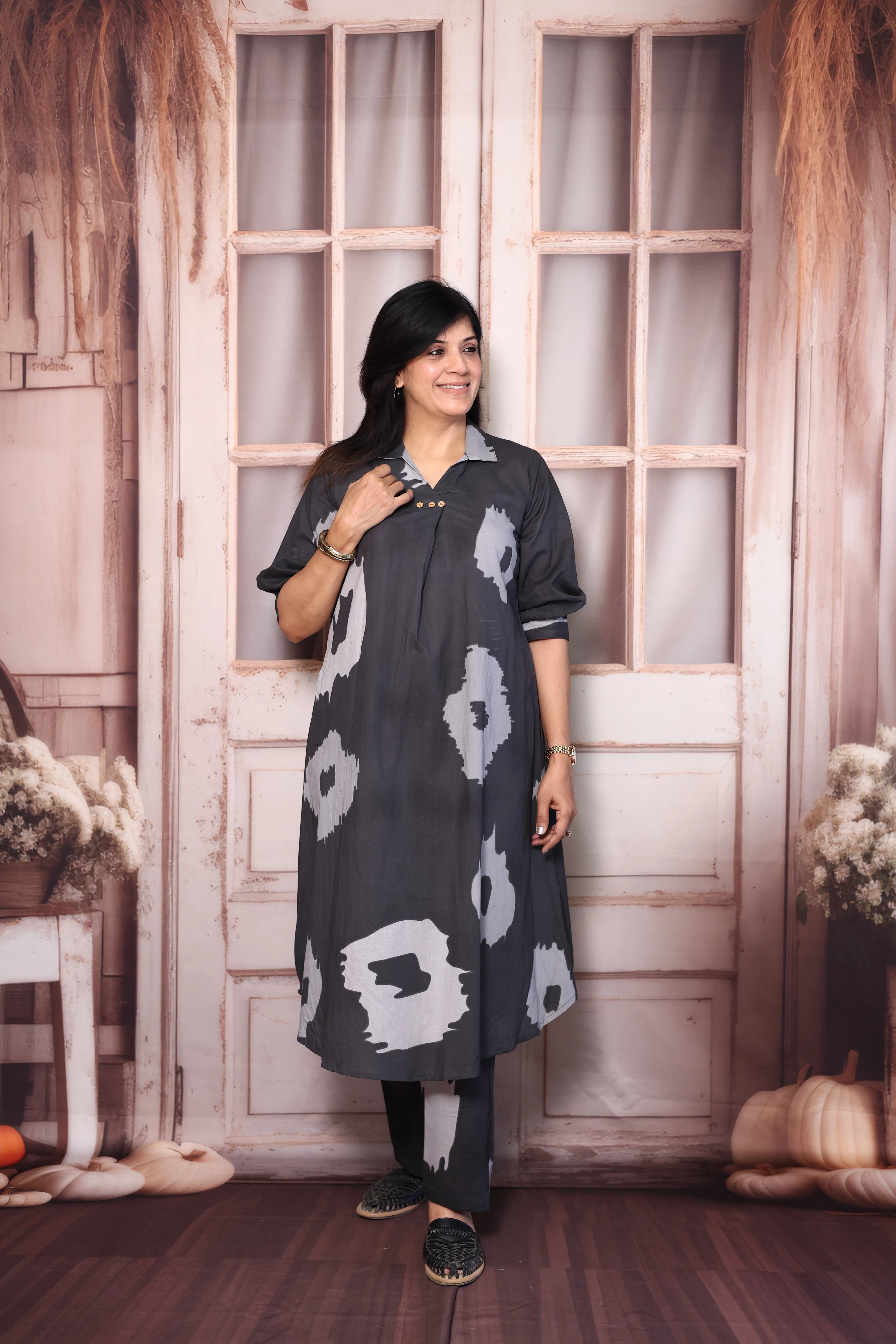 Gray Printed A-Line Kurti Pant Co-Ord Set | Soft Cotton Casual Ethnic Wear