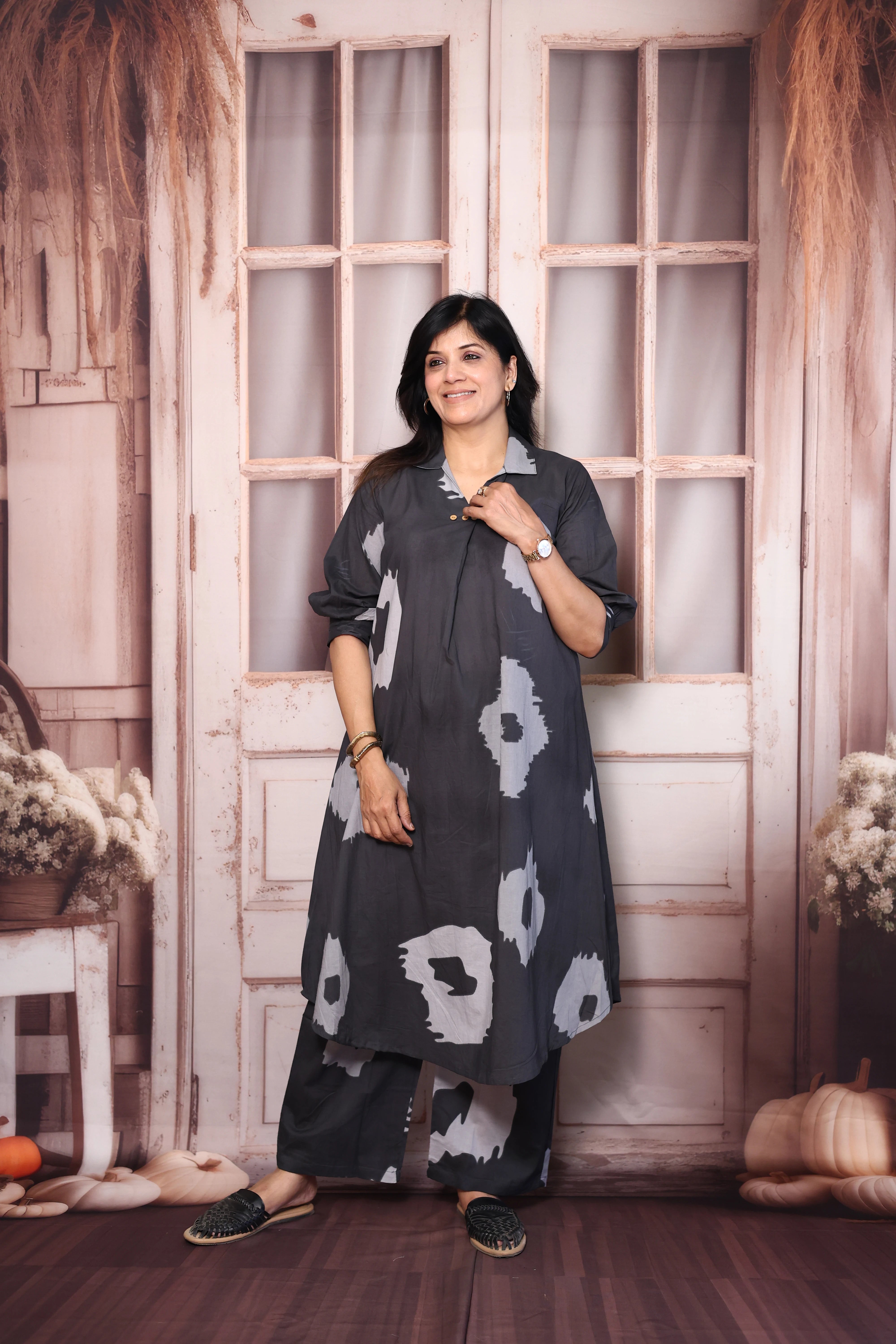 Gray Printed A-Line Kurti Pant Co-Ord Set | Soft Cotton Casual Ethnic Wear