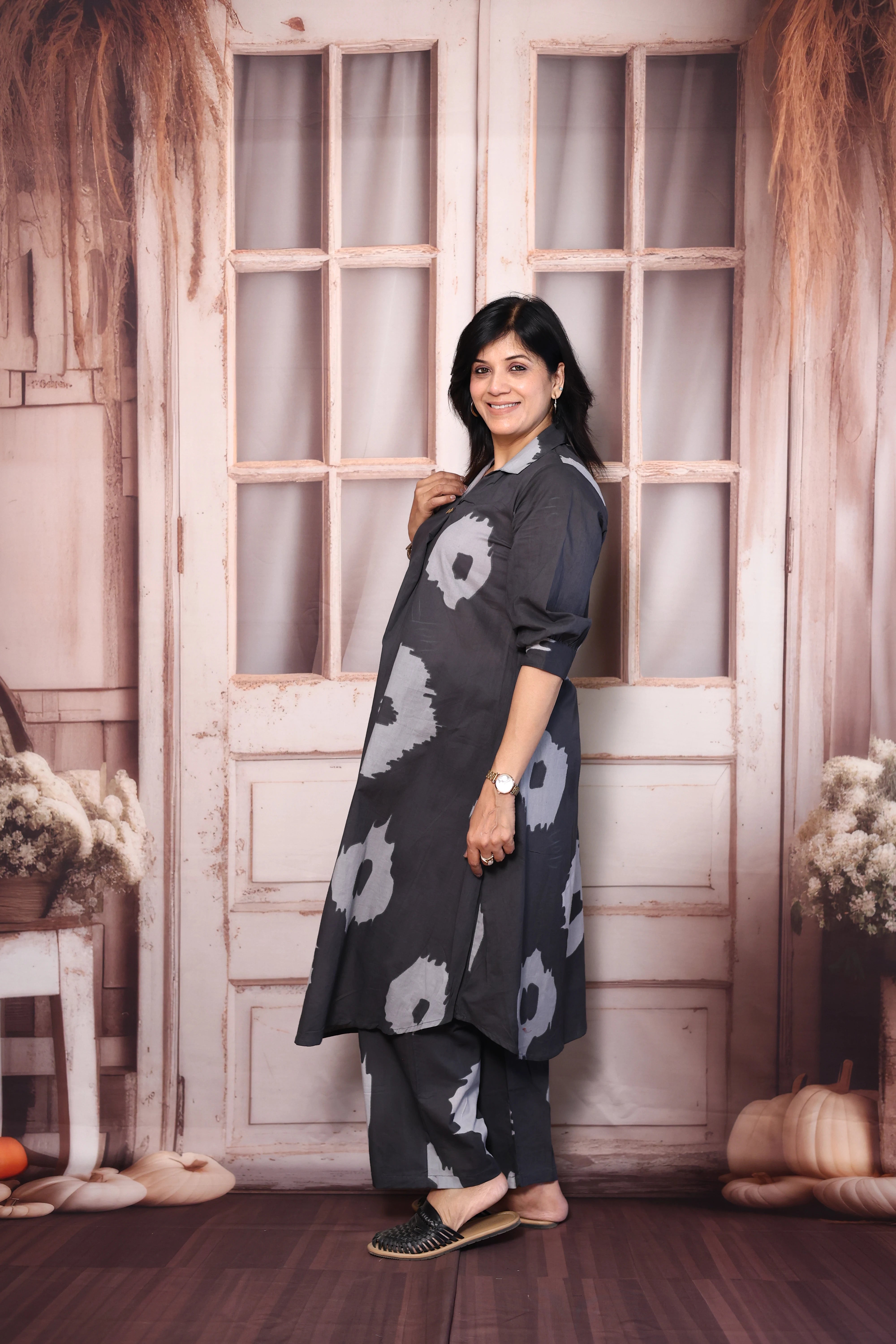 Gray Printed A-Line Kurti Pant Co-Ord Set | Soft Cotton Casual Ethnic Wear