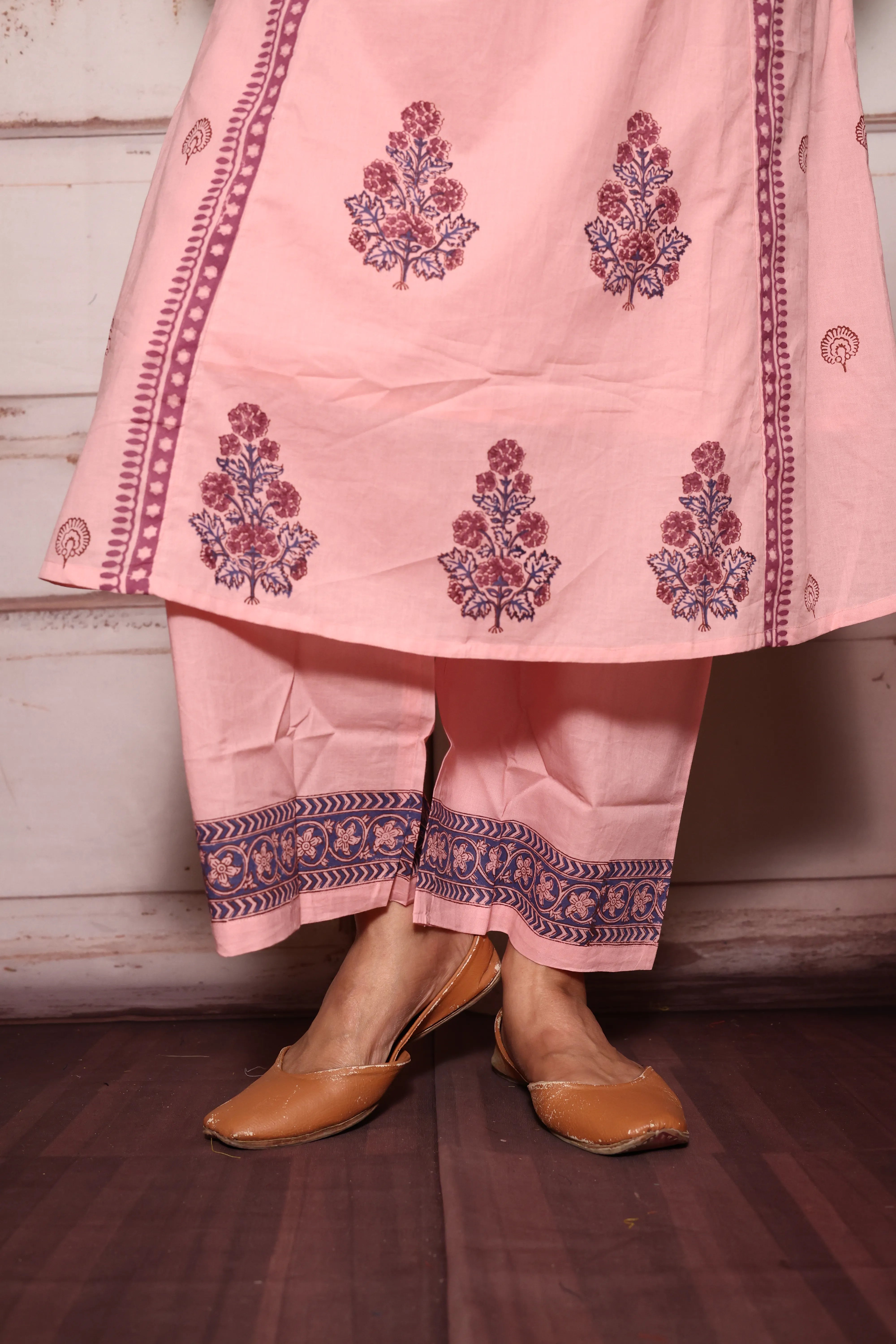 Light Pink A-Line Kurta Pant with Dupatta Set | Jaipuri Floral Print | Mul Mul Cotton