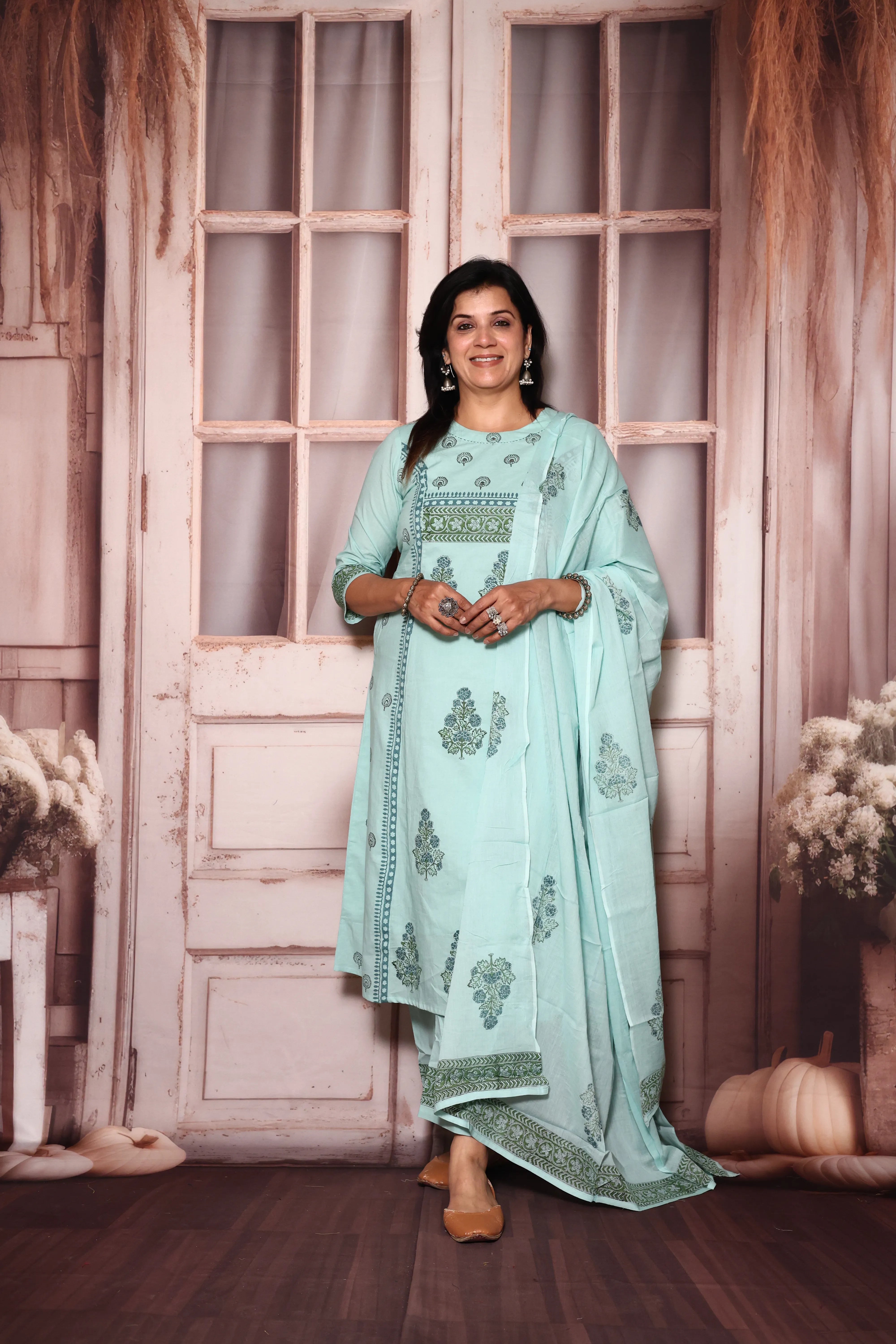 Light Teal A-Line Kurta Pant with Dupatta Set | Jaipuri Floral Print | Mul Mul Cotton