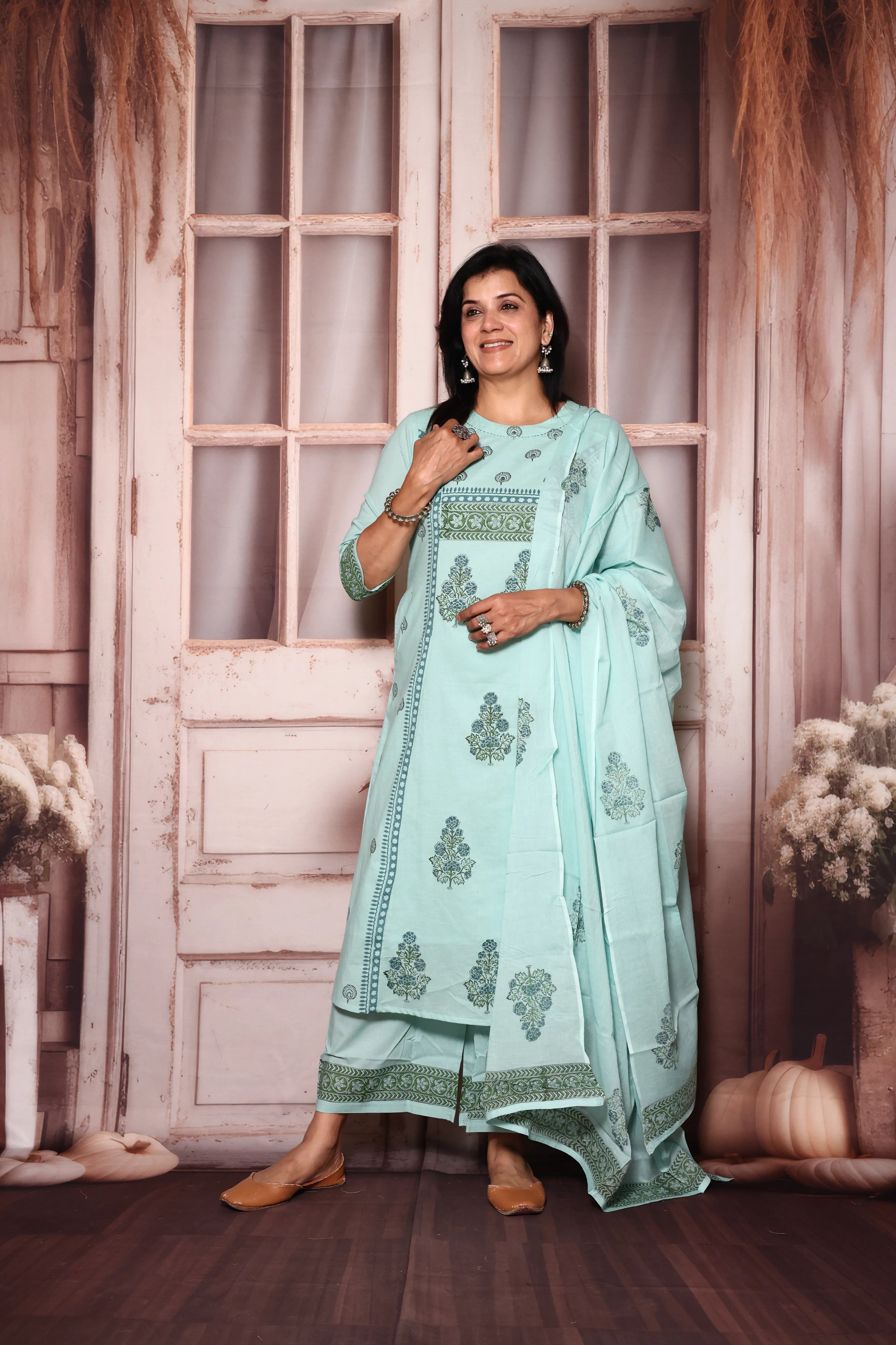 Light Teal A-Line Kurta Pant with Dupatta Set | Jaipuri Floral Print | Mul Mul Cotton