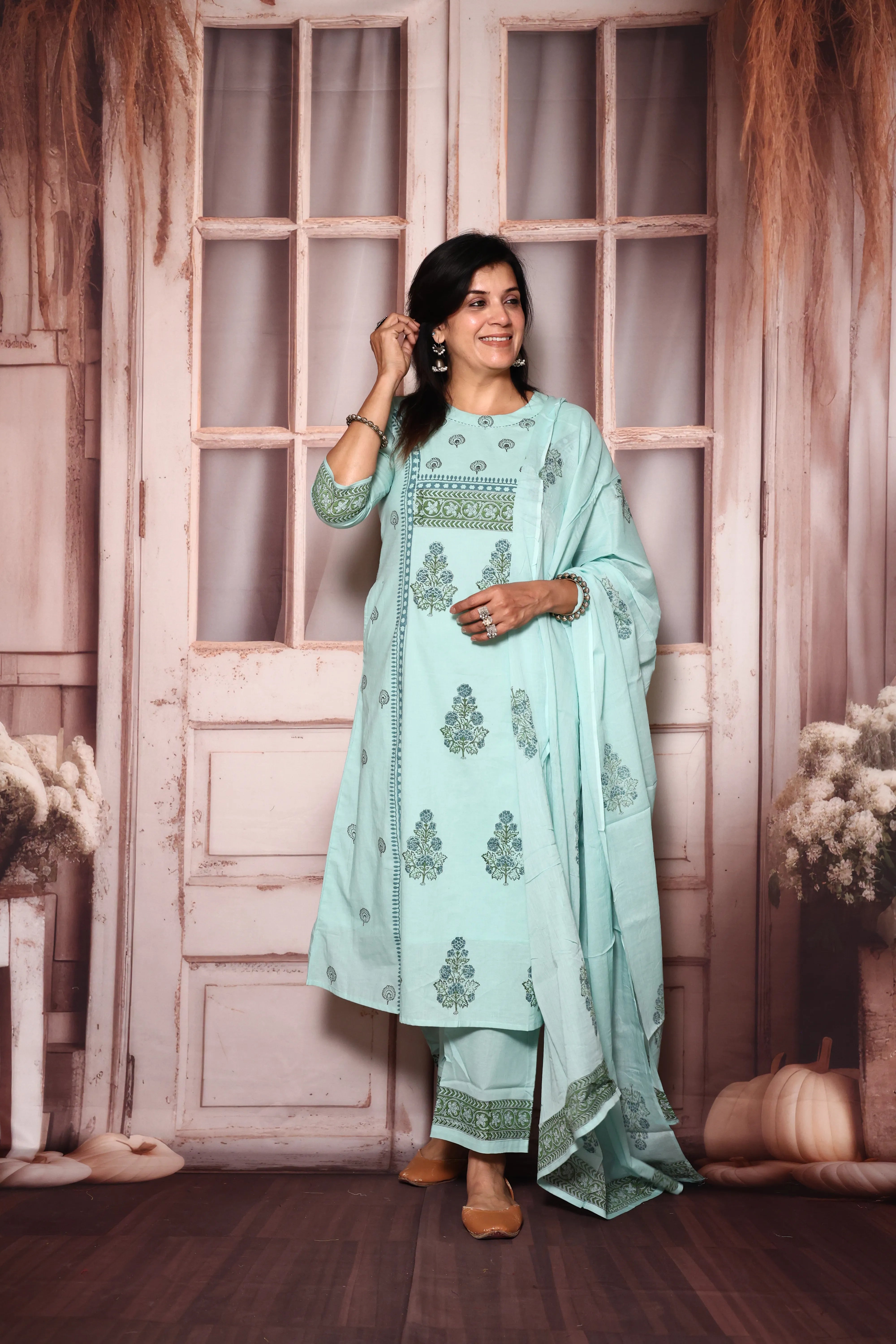 Light Teal A-Line Kurta Pant with Dupatta Set | Jaipuri Floral Print | Mul Mul Cotton