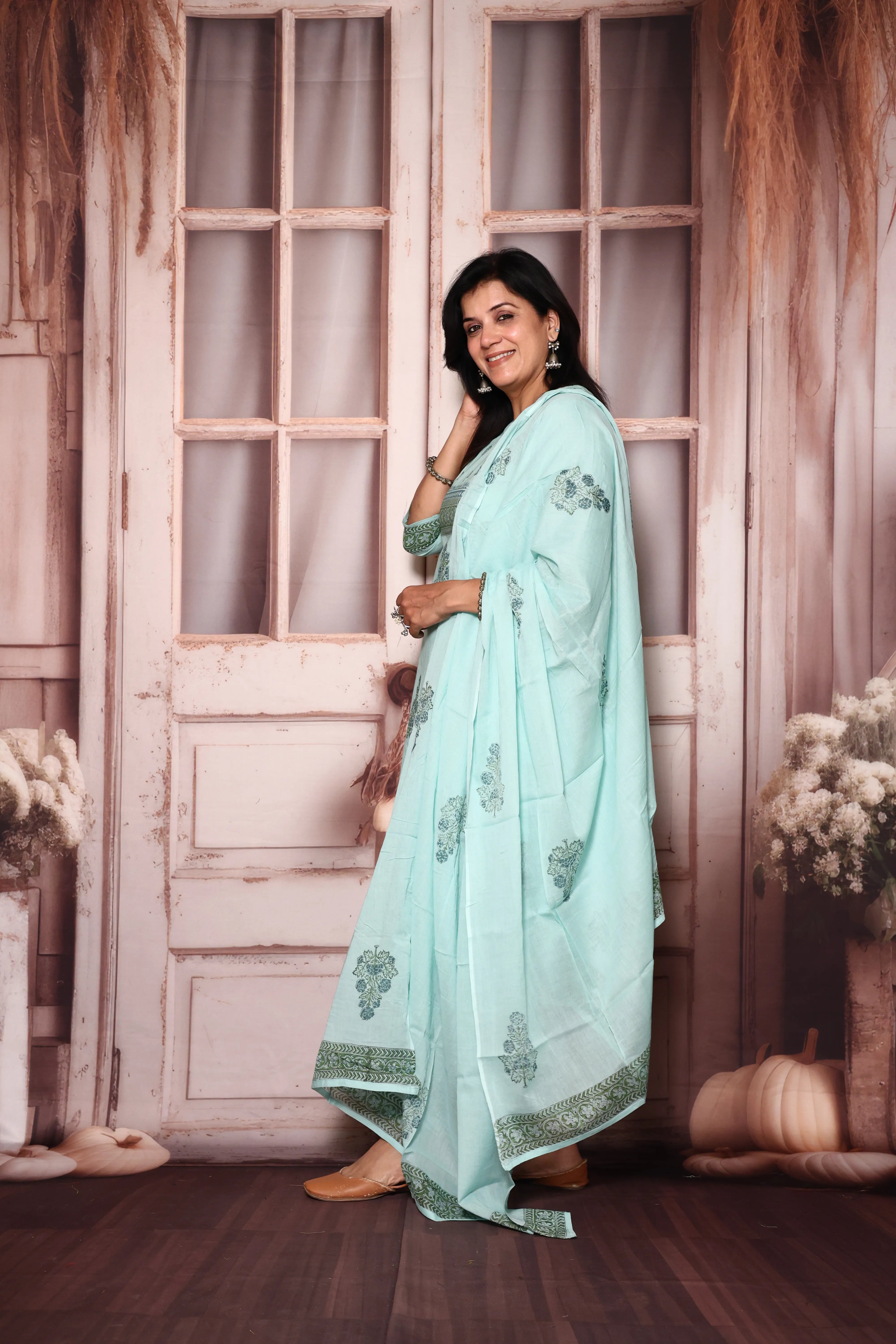 Light Teal A-Line Kurta Pant with Dupatta Set | Jaipuri Floral Print | Mul Mul Cotton
