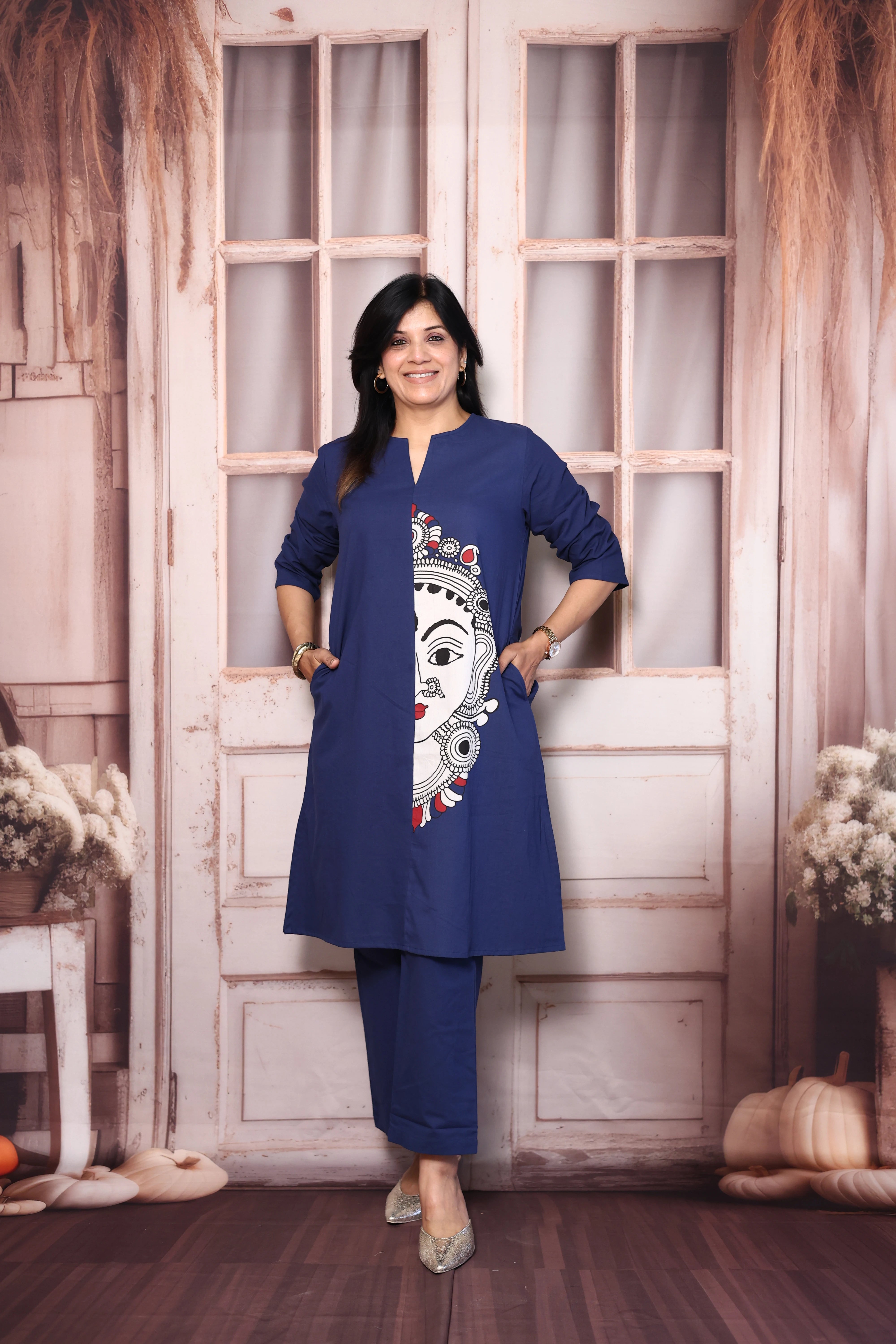 Berry Blue Madhubani Print Cotton Kurti Pant Set | Artistic Ethnic Wear