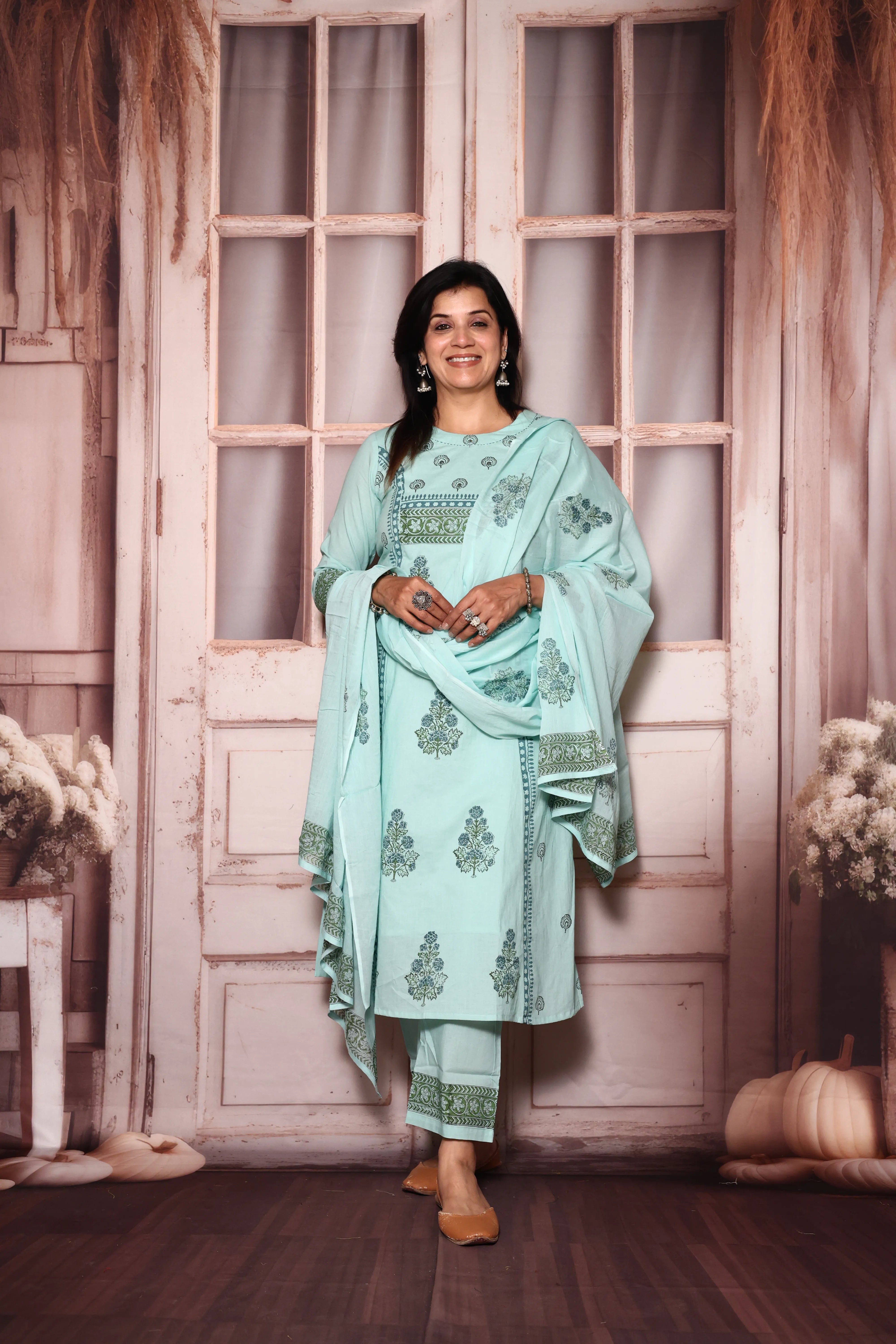 Light Teal A-Line Kurta Pant with Dupatta Set | Jaipuri Floral Print | Mul Mul Cotton
