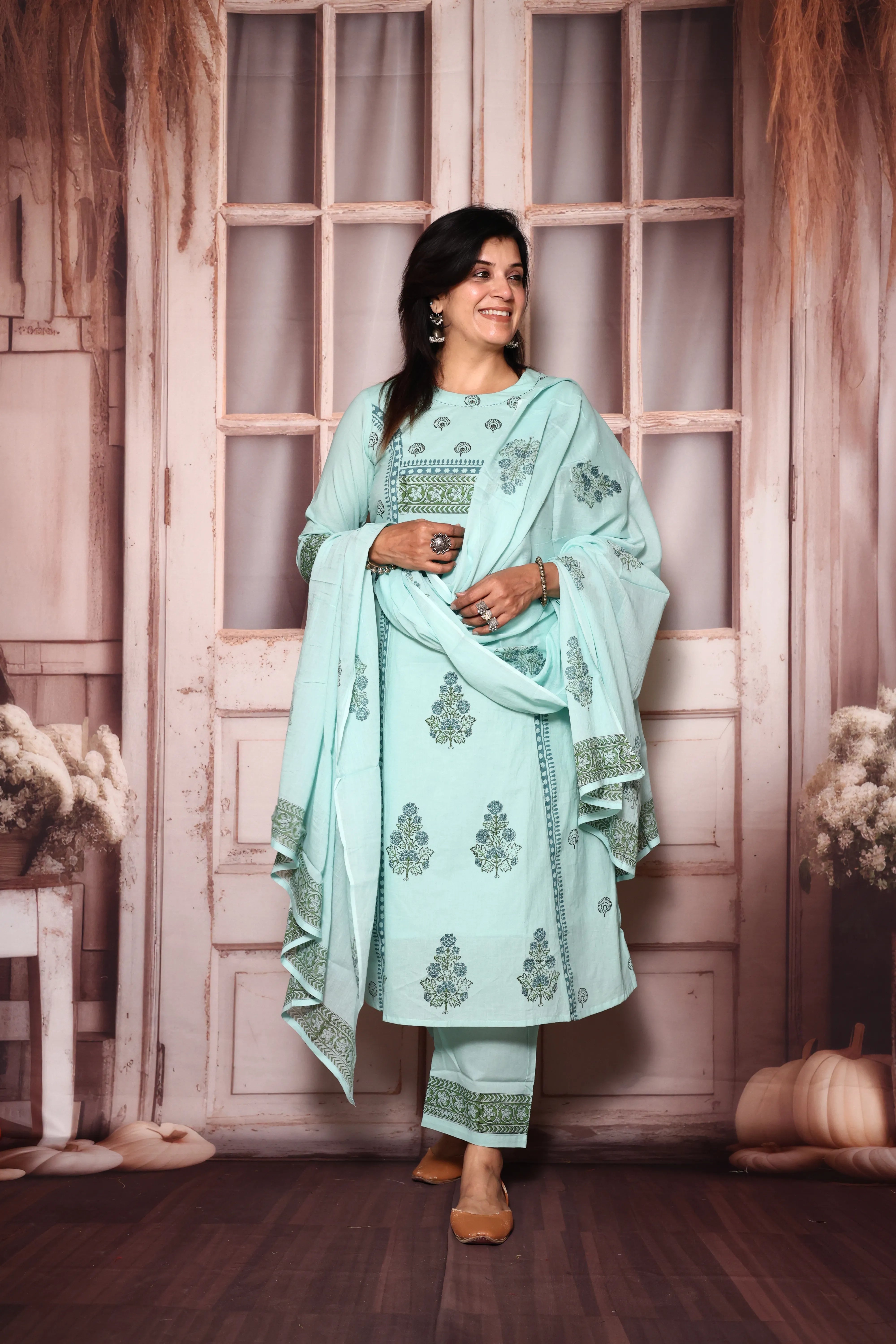 Light Teal A-Line Kurta Pant with Dupatta Set | Jaipuri Floral Print | Mul Mul Cotton