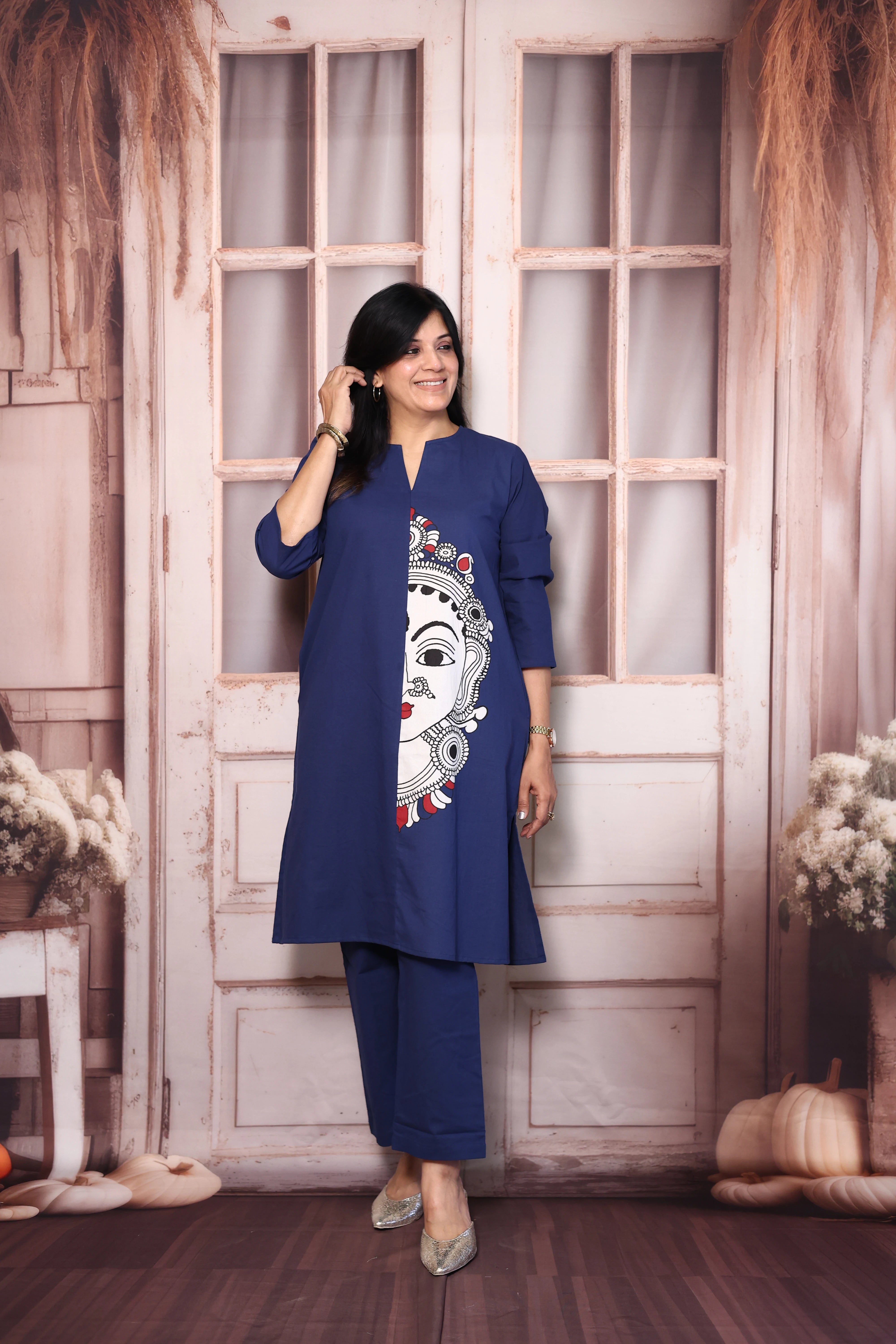 Berry Blue Madhubani Print Cotton Kurti Pant Set | Artistic Ethnic Wear