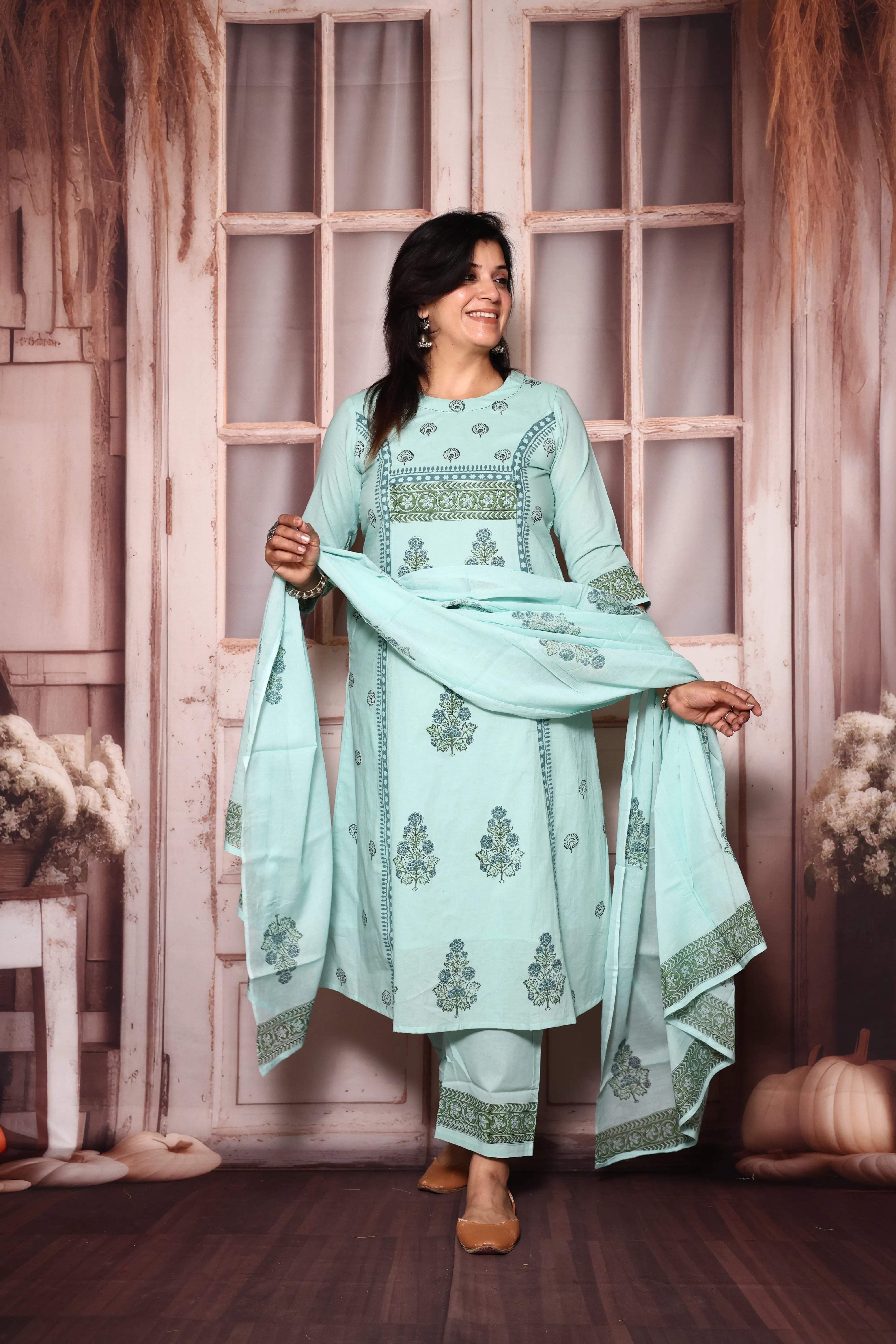 Light Teal A-Line Kurta Pant with Dupatta Set | Jaipuri Floral Print | Mul Mul Cotton