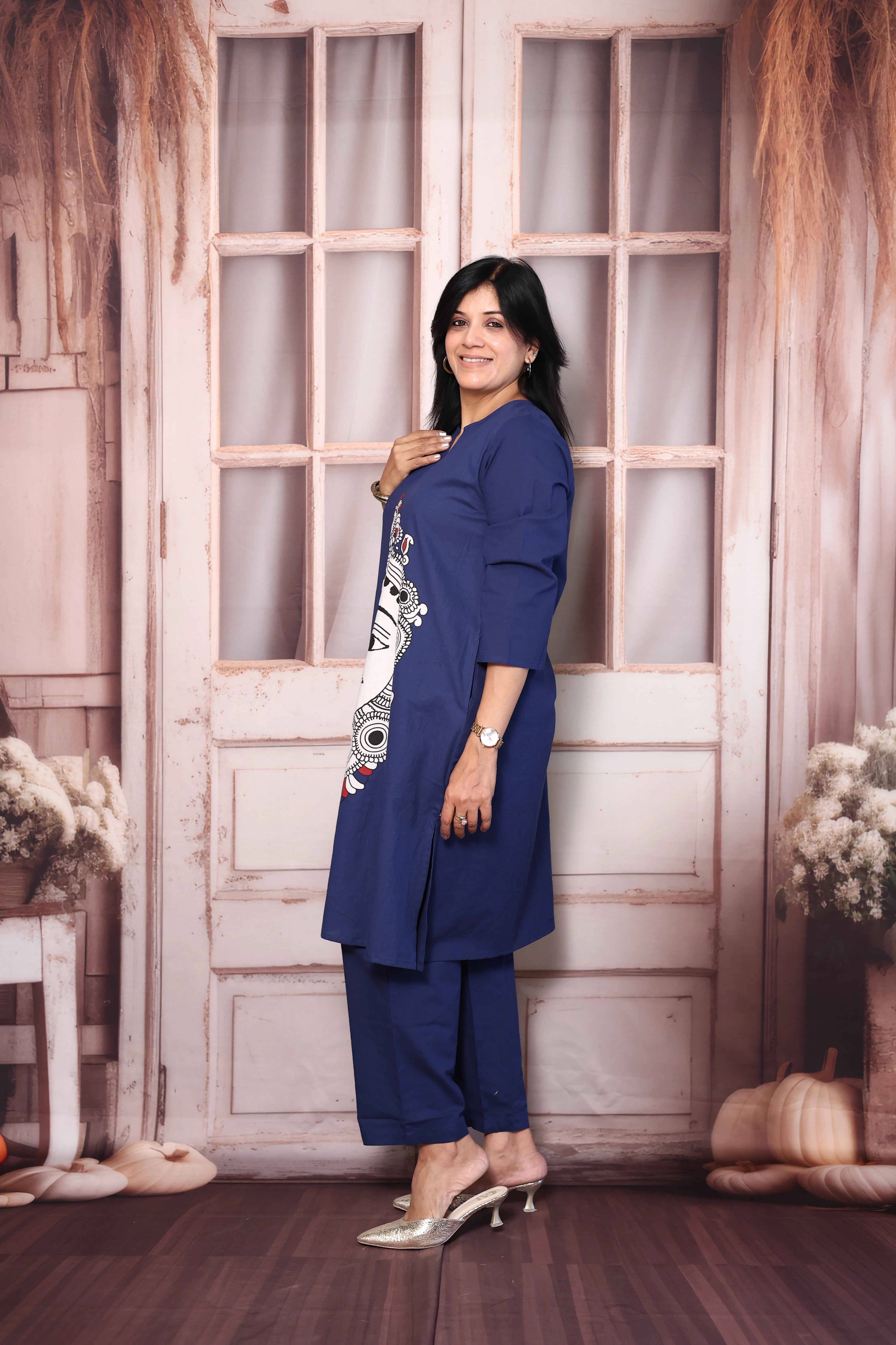 Berry Blue Madhubani Print Cotton Kurti Pant Set | Artistic Ethnic Wear