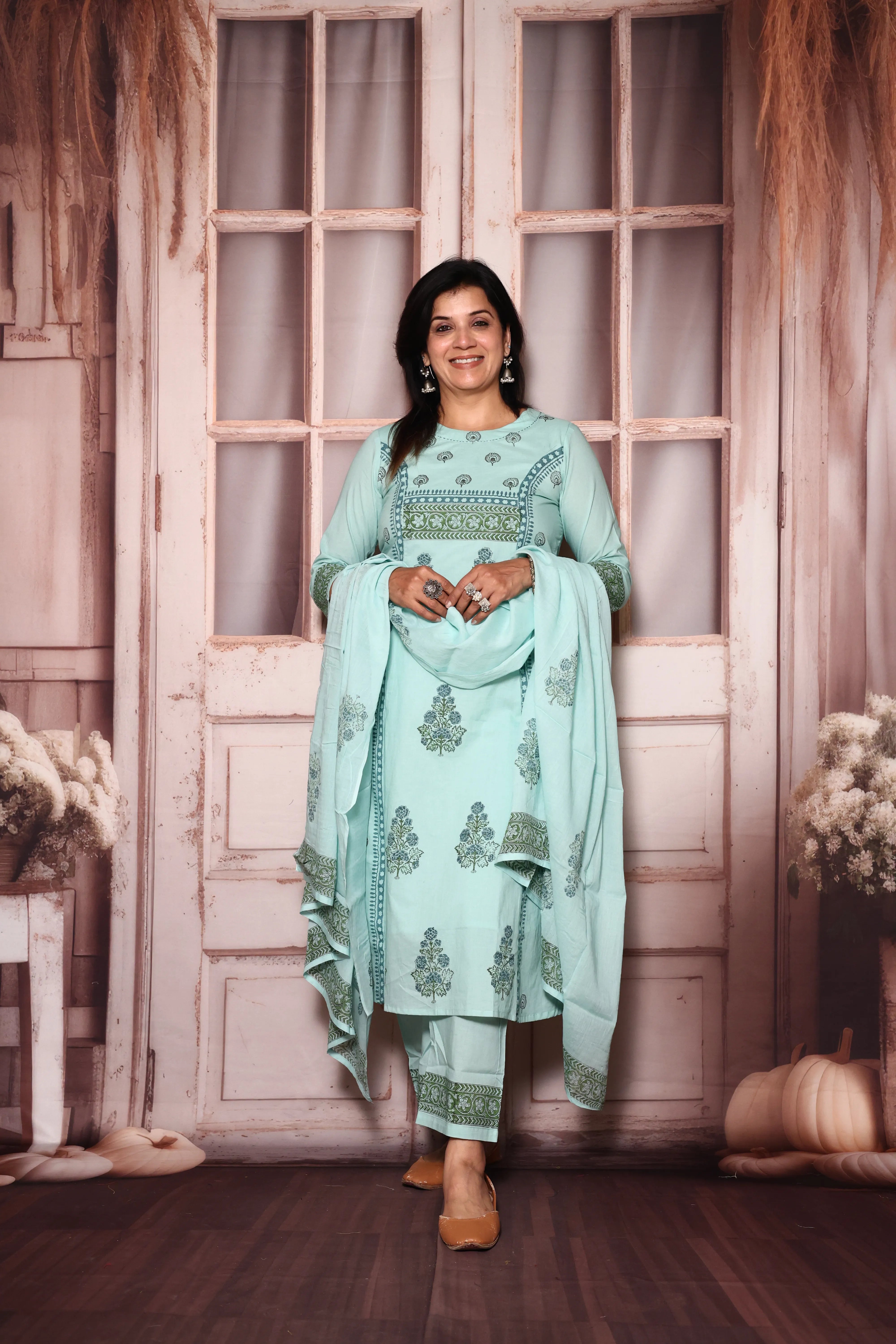 Light Teal A-Line Kurta Pant with Dupatta Set | Jaipuri Floral Print | Mul Mul Cotton