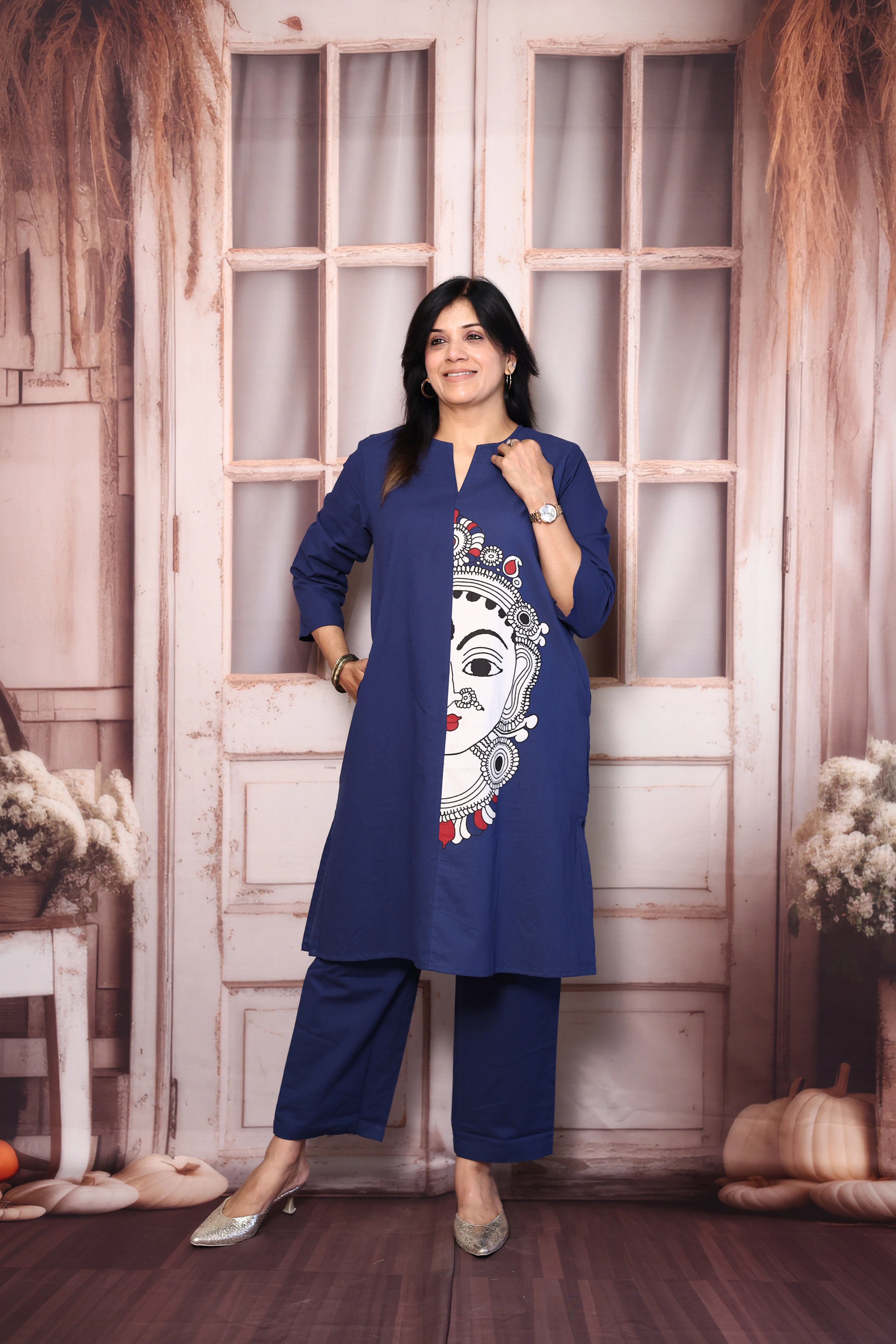 Berry Blue Madhubani Print Cotton Kurti Pant Set | Artistic Ethnic Wear