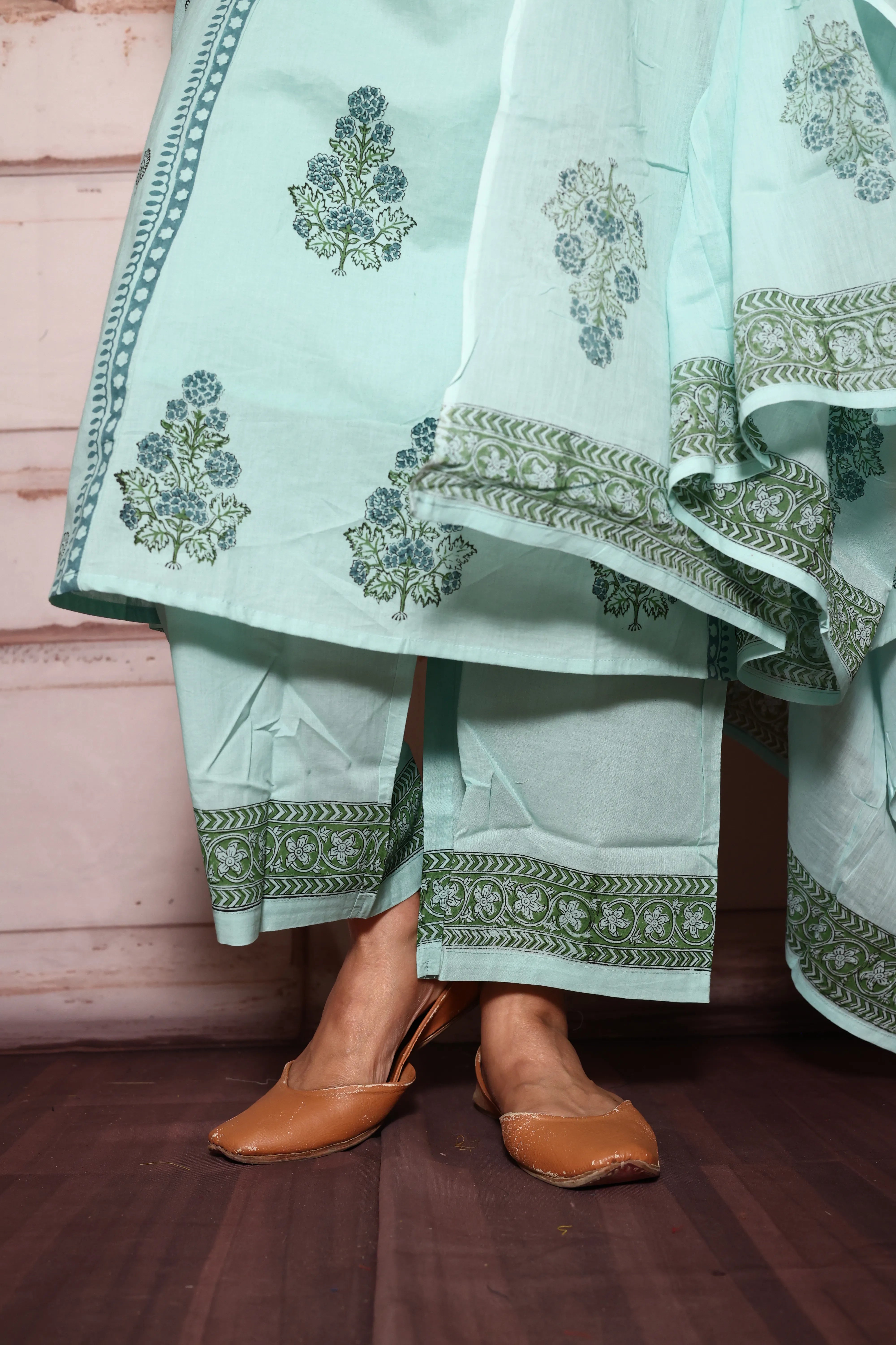 Light Teal A-Line Kurta Pant with Dupatta Set | Jaipuri Floral Print | Mul Mul Cotton