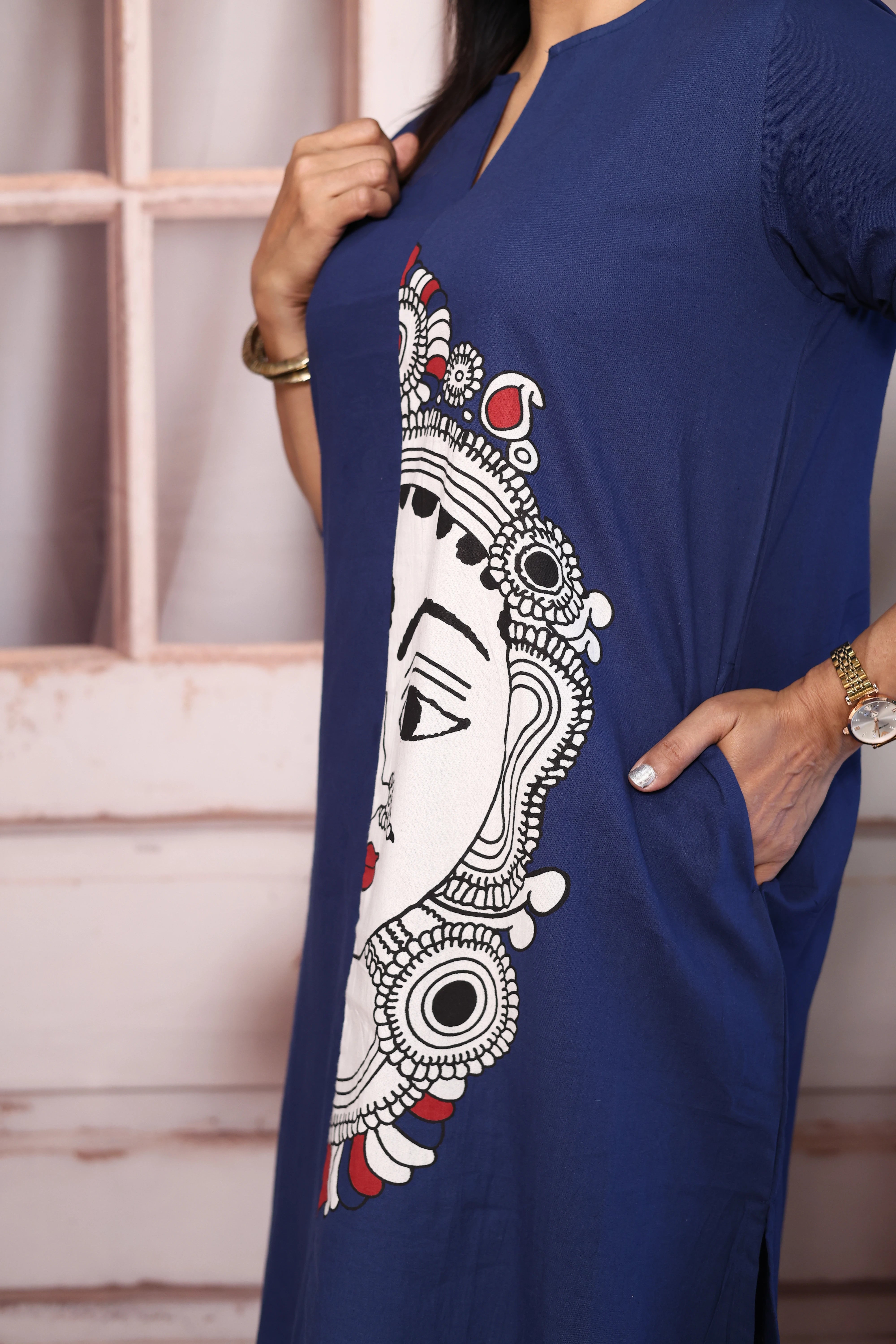 Berry Blue Madhubani Print Cotton Kurti Pant Set | Artistic Ethnic Wear